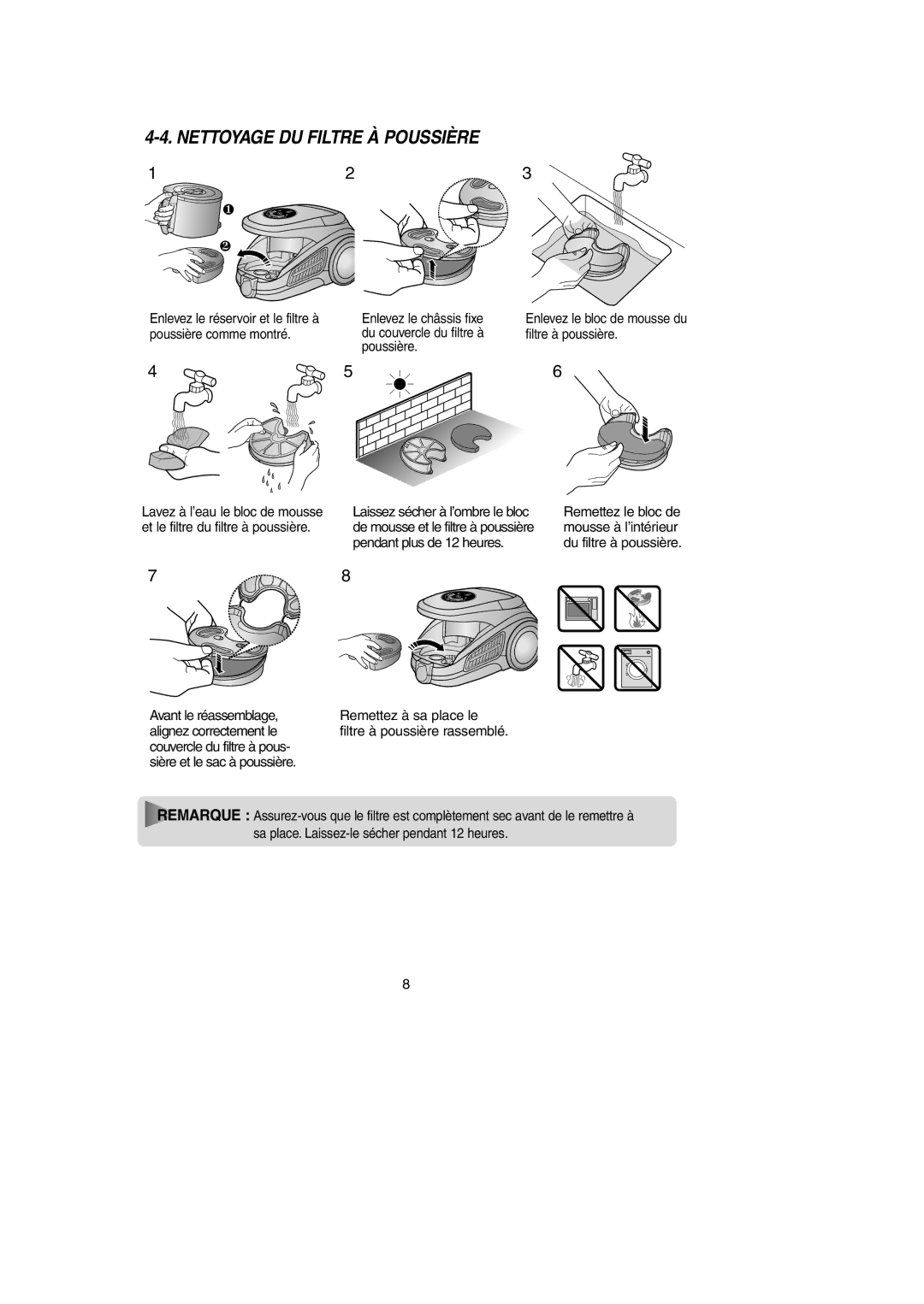 Samsung VCC9540H4K/XSA manual Nettoyage DU Filtre À Poussière, Enlevez le châssis fixe du couvercle du filtre à poussière 