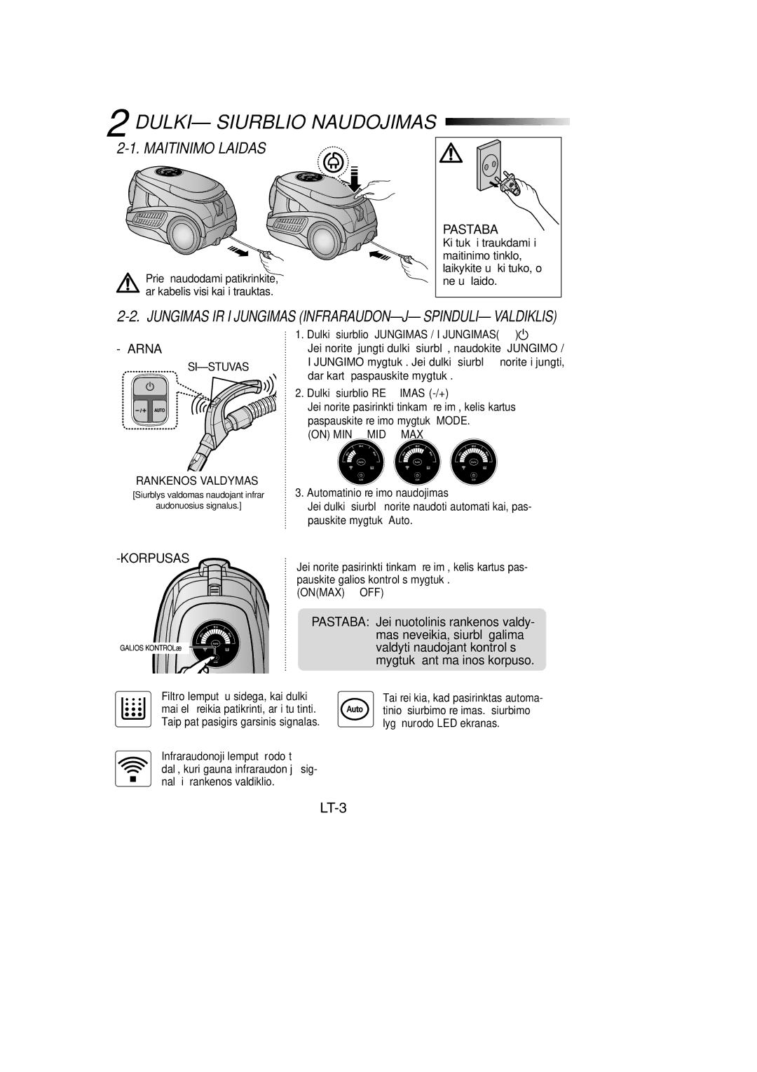 Samsung VCC9560H3K/SBW, VCC9560H3K/XSB, VCC9560H3K/XEV manual Dulkið Siurblio Naudojimas, Maitinimo Laidas, LT-3 