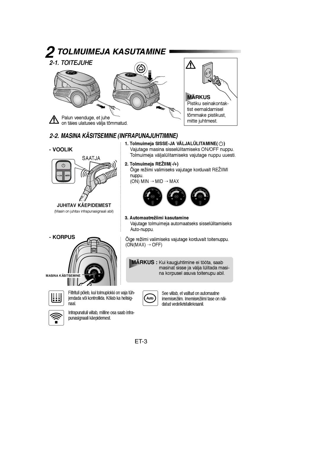 Samsung VCC9560H3K/XEV, VCC9560H3K/XSB manual Tolmuimeja Kasutamine, Toitejuhe, Masina Käsitsemine Infrapunajuhtimine, ET-3 