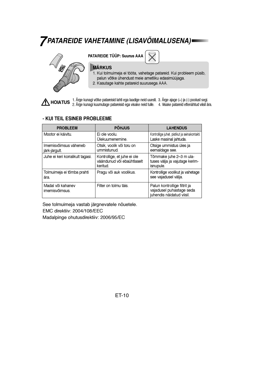 Samsung VCC9560H3K/SBW, VCC9560H3K/XSB manual 7PATAREIDE Vahetamine Lisavõimalusena, ET-10, Patareide Tüüp Suurus AAA 