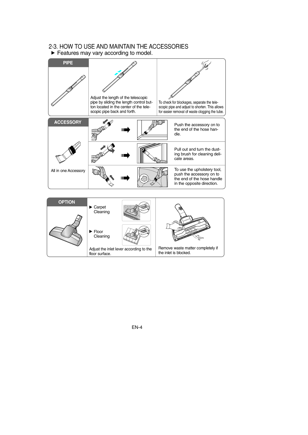 Samsung VCC9560H3K/SBW, VCC9560H3K/XSB manual HOW to USE and Maintain the Accessories, Features may vary according to model 