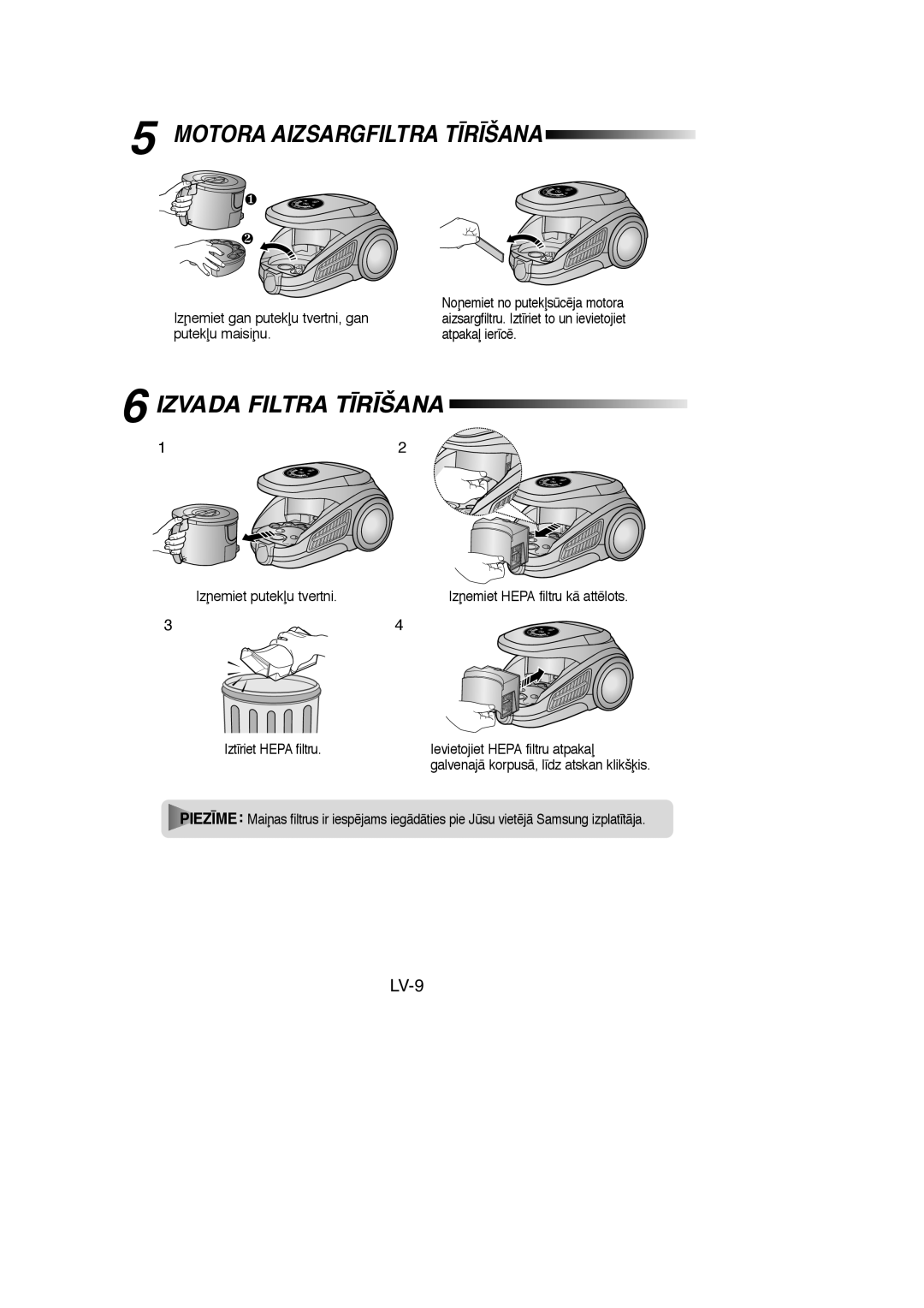 Samsung VCC9560H3K/XSB, VCC9560H3K/XEV, VCC9560H3K/SBW manual Motora Aizsargfiltra T±R±ŠANA, Izvada Filtra T±R±ŠANA, LV-9 