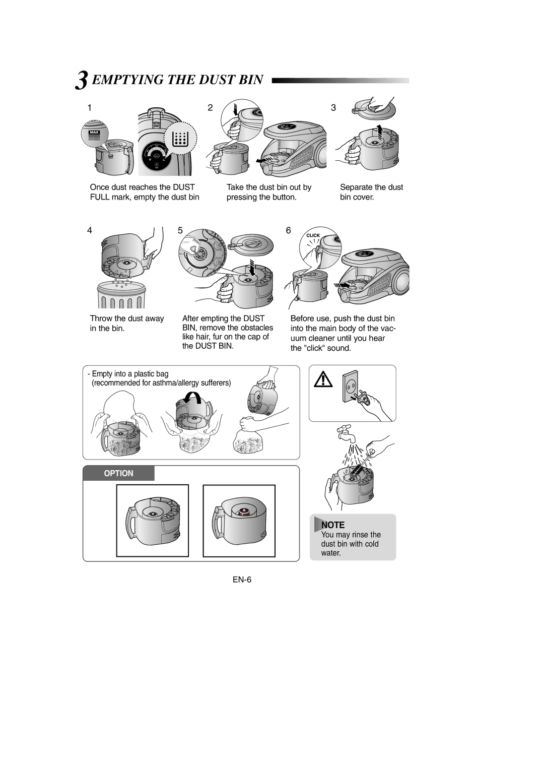 Samsung VCC9560H3K/XEV, VCC9560H3K/XSB, VCC9560H3K/SBW manual 3EMPTYING the Dust BIN 