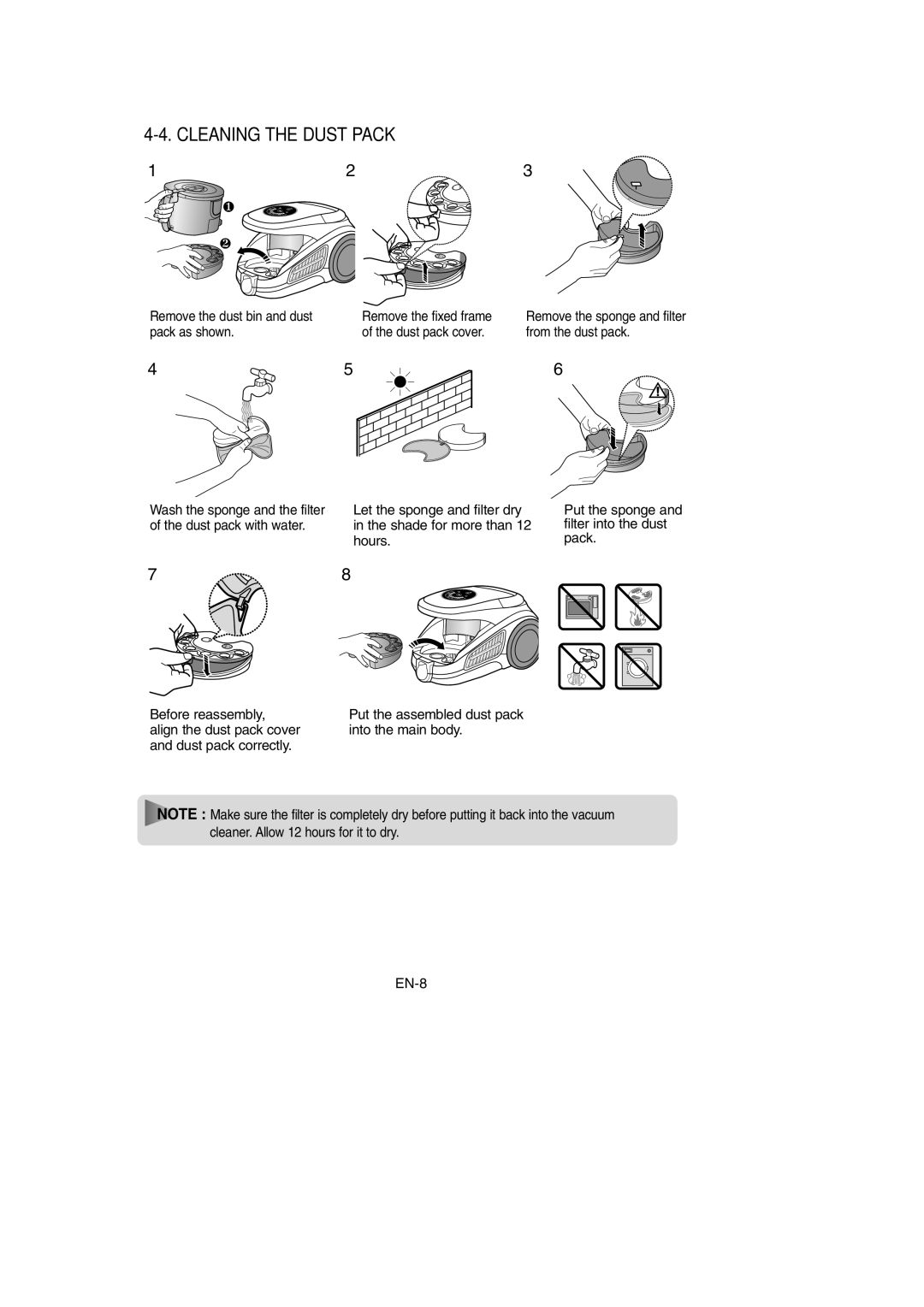 Samsung VCC9560H3K/XSB, VCC9560H3K/XEV, VCC9560H3K/SBW manual Cleaning the Dust Pack 