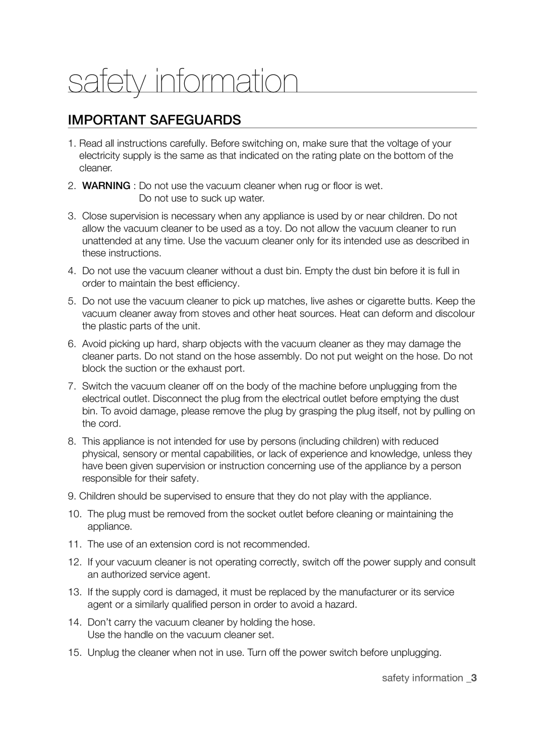 Samsung VCC9630V31/SML, VCC9632V31/SML, VCC9630V3B/XEV manual Important Safeguards 