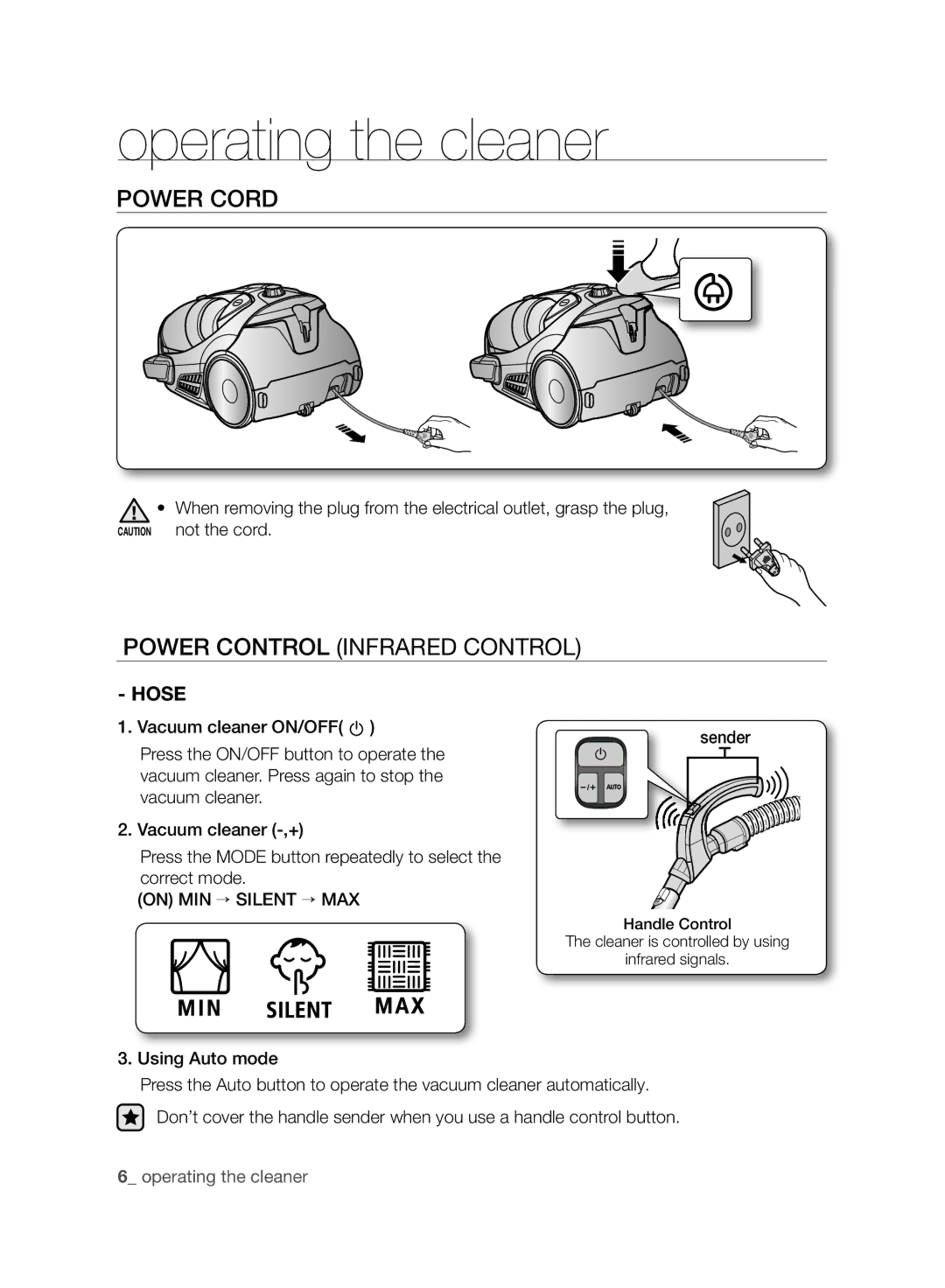 Samsung VCC9630V31/SML manual Operating the cleaner, Power Cord, Power Control Infrared Control, Using Auto mode Sender 