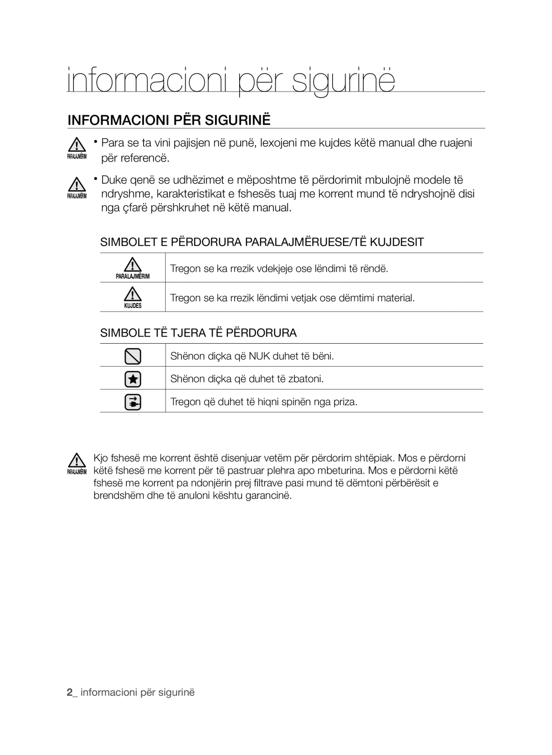 Samsung VCC9630V31/SML, VCC9674H3G/BOL Informacioni për sigurinë, Informacioni PËR Sigurinë, Simbole TË Tjera TË Përdorura 