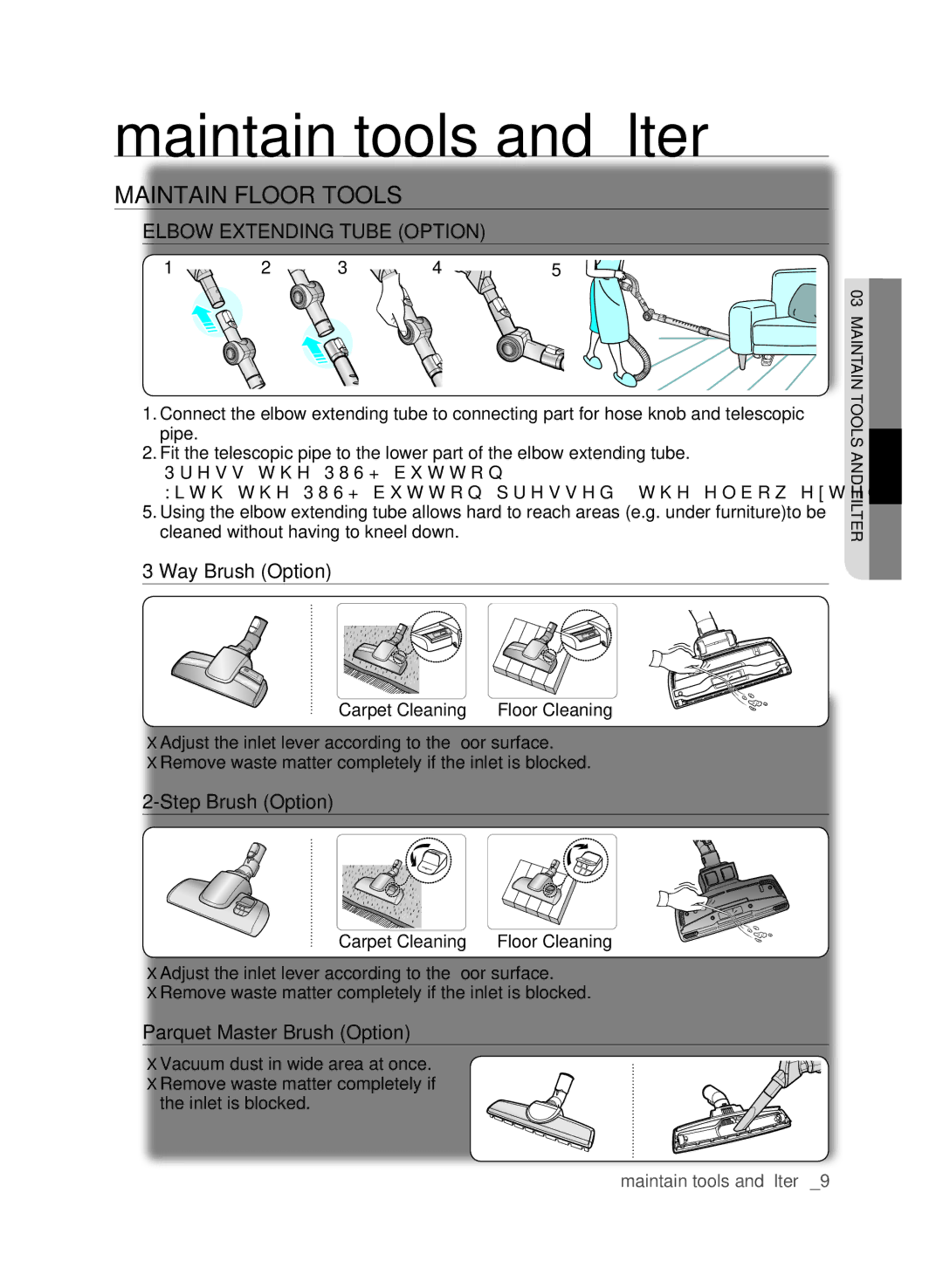 Samsung VCC9632V31/SML manual Maintain Floor Tools, Elbow Extending Tube Option, Way Brush Option, Step Brush Option 