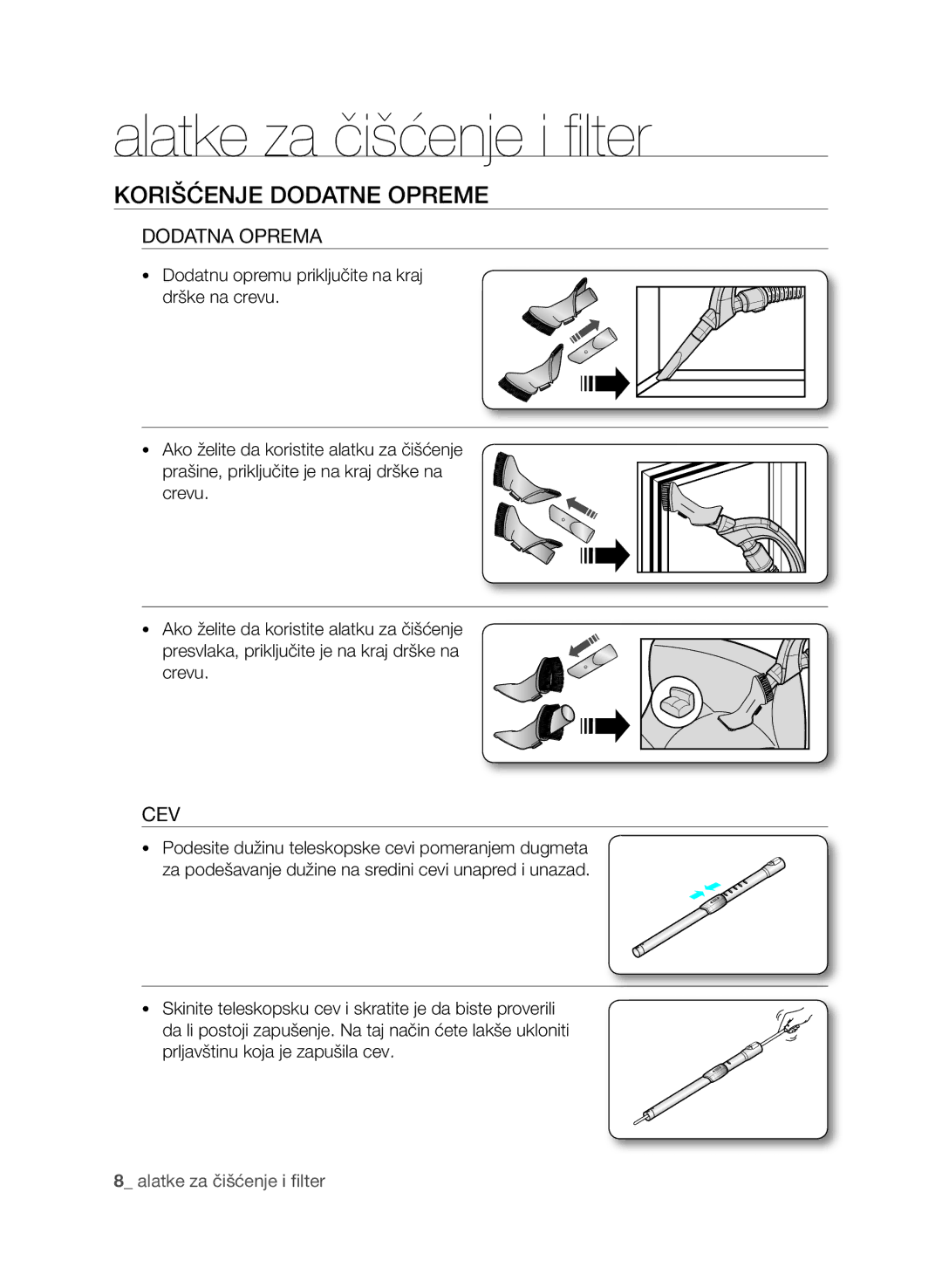 Samsung VCC9632V31/SML, VCC9630V31/SML manual Alatke za čišćenje i filter, Korišćenje dodatne opreme, Dodatna oprema, Cev 