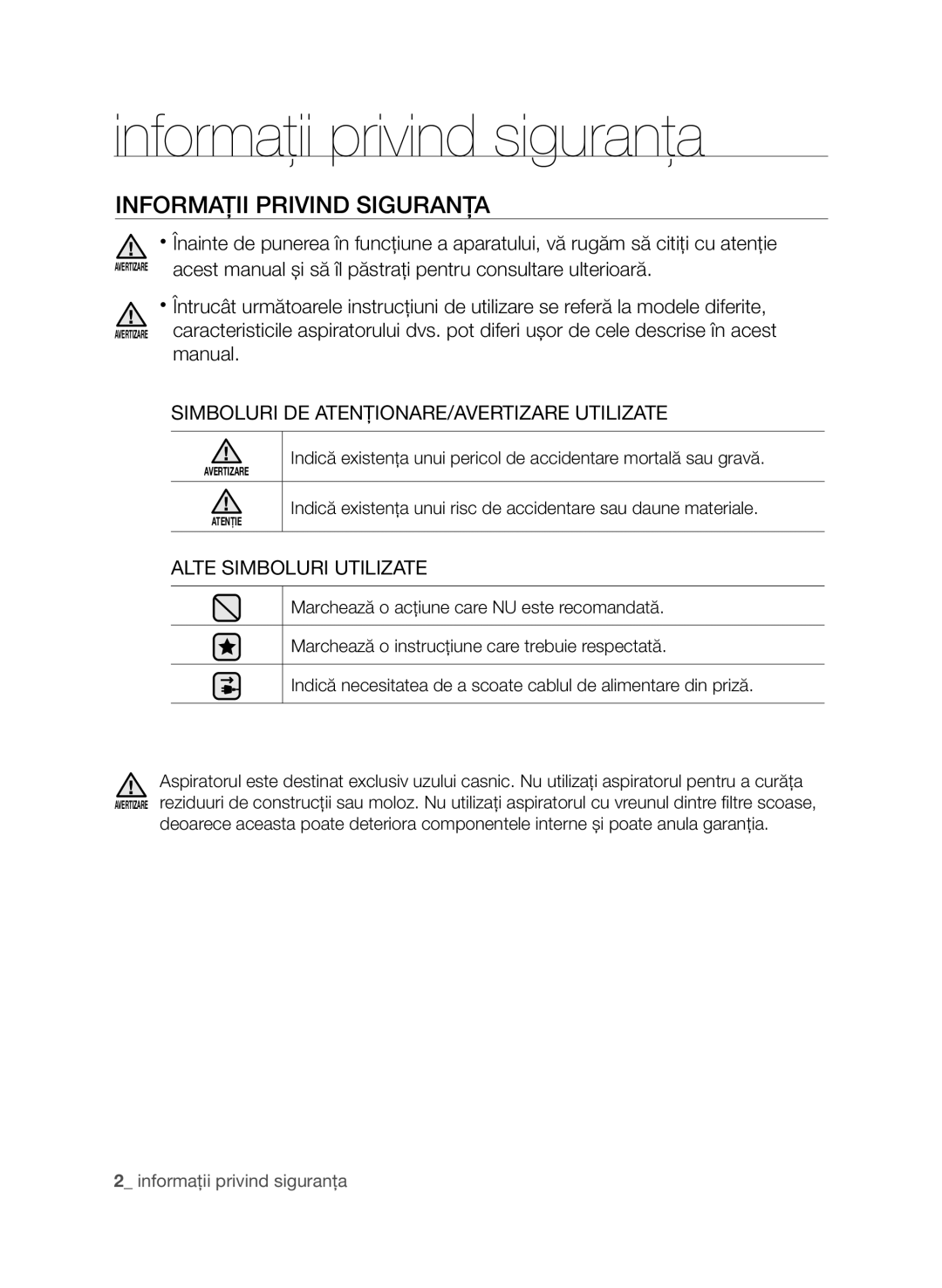 Samsung VCC9632V31/SML manual Informaţii privind siguranţa, Informaţii Privind Siguranţa, Alte Simboluri Utilizate 