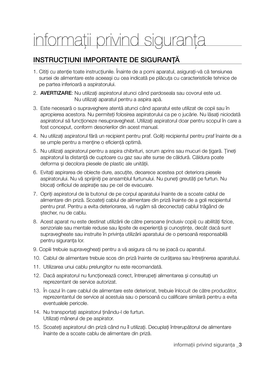 Samsung VCC9630V3B/XEV, VCC9630V31/SML, VCC9674H3G/BOL, VCC9630V31/BOL, VCC9632V31/SML Instrucţiuni Importante DE Siguranță 