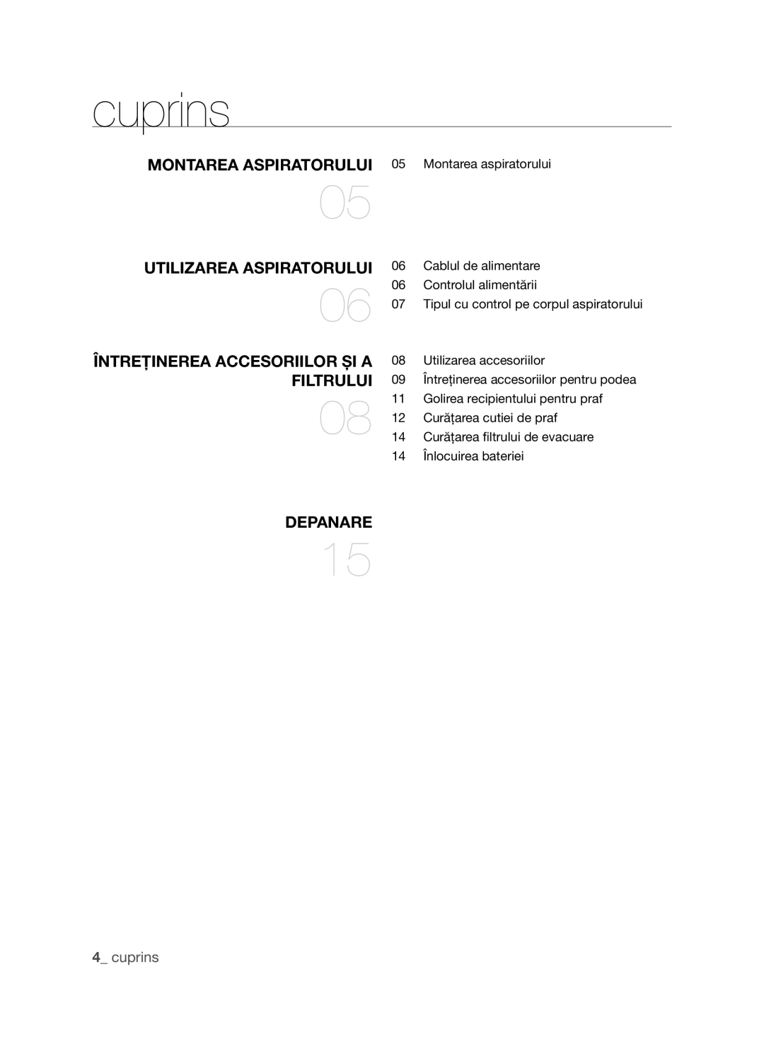 Samsung VCC9630V31/SML, VCC9674H3G/BOL, VCC9630V31/BOL, VCC9632V31/SML, VCC9630V3B/XEV manual Cuprins, Filtrului 