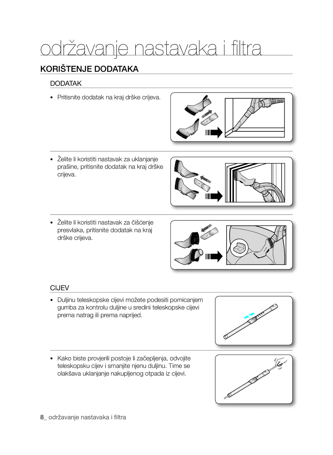 Samsung VCC9630V31/SML, VCC9674H3G/BOL, VCC9630V31/BOL Održavanje nastavaka i filtra, Korištenje dodataka, Dodatak, Cijev 