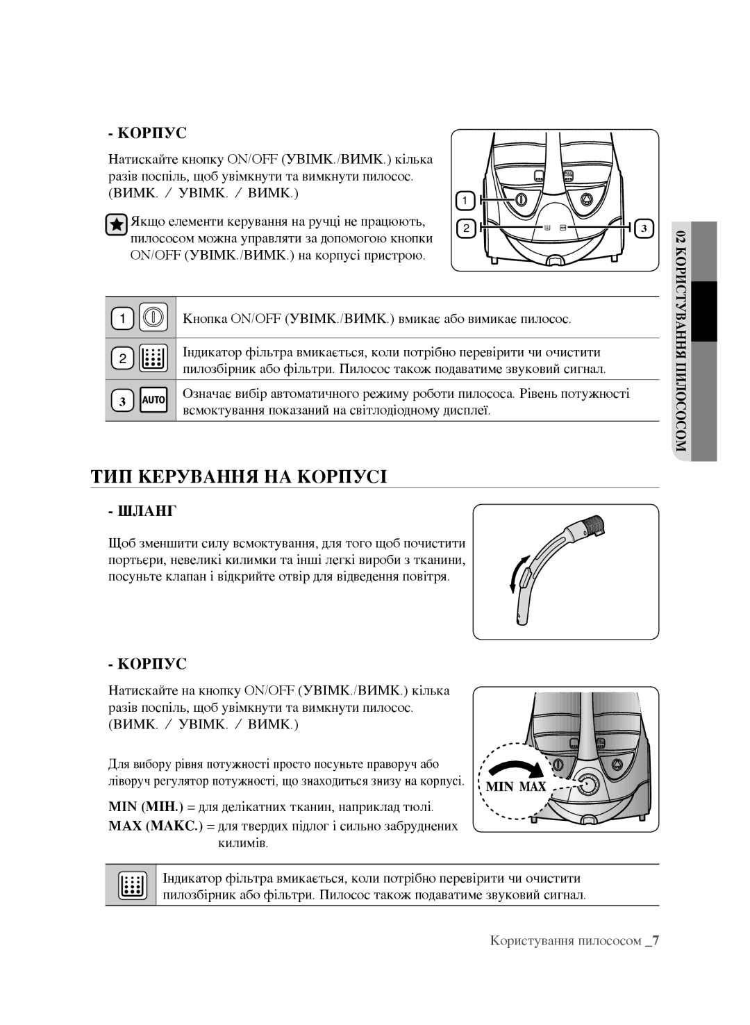 Samsung VCC9672H3G/XEV, VCC9630V31/XEV manual ТИП Керування НА Корпусі, Шланг 