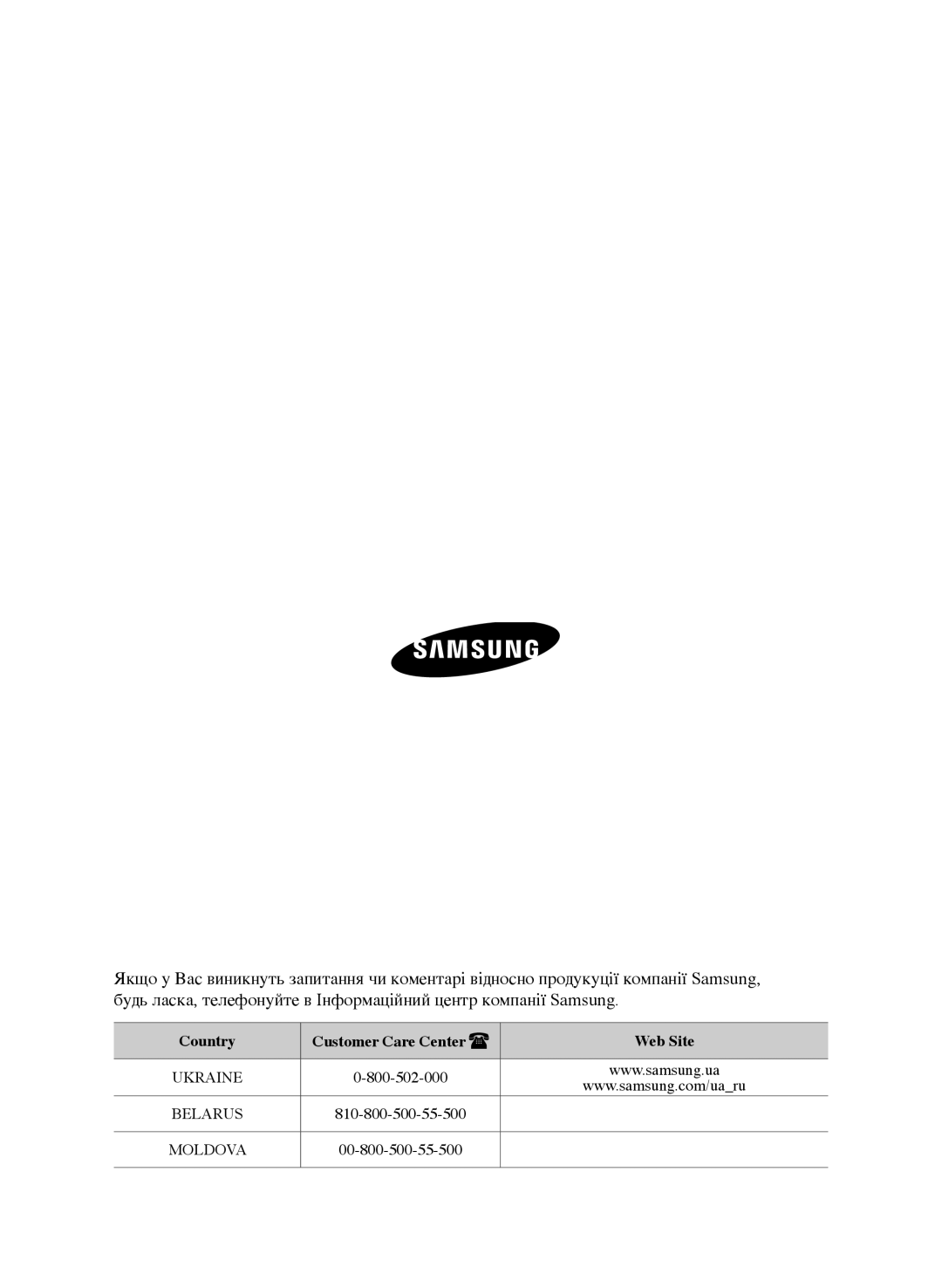 Samsung VCC9630V31/XEV, VCC9672H3G/XEV manual Country Customer Care Center Web Site 