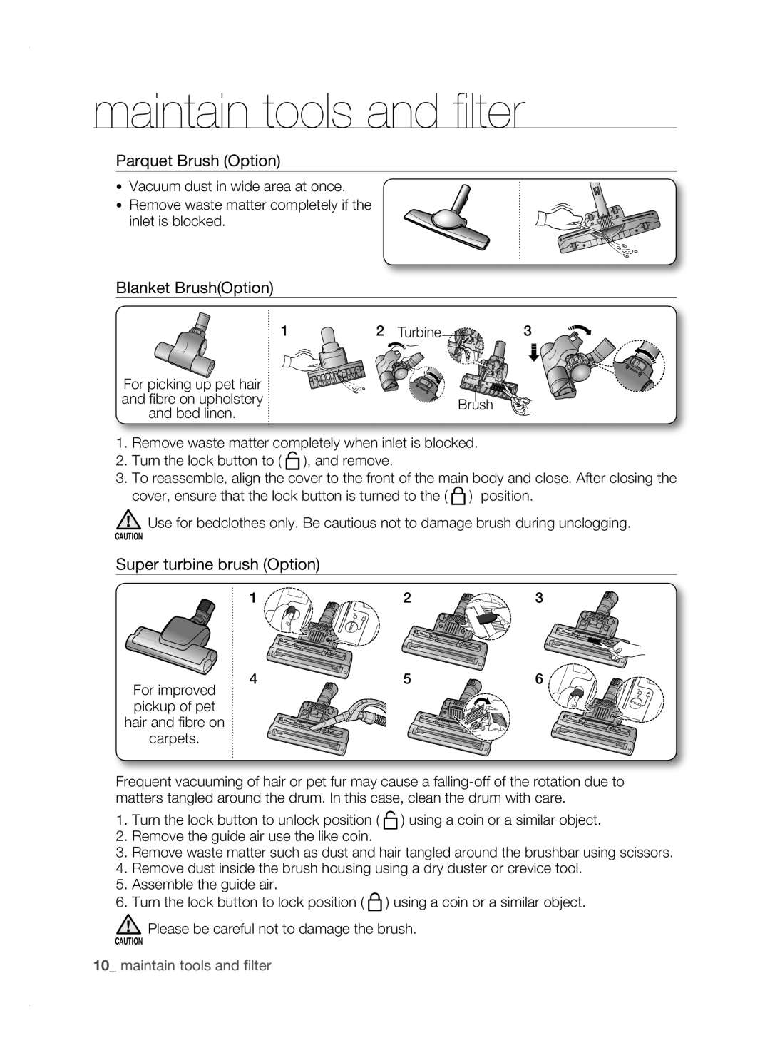 Samsung VCC9671H3V/UMG manual Turbine, Turn the lock button to unlock position 