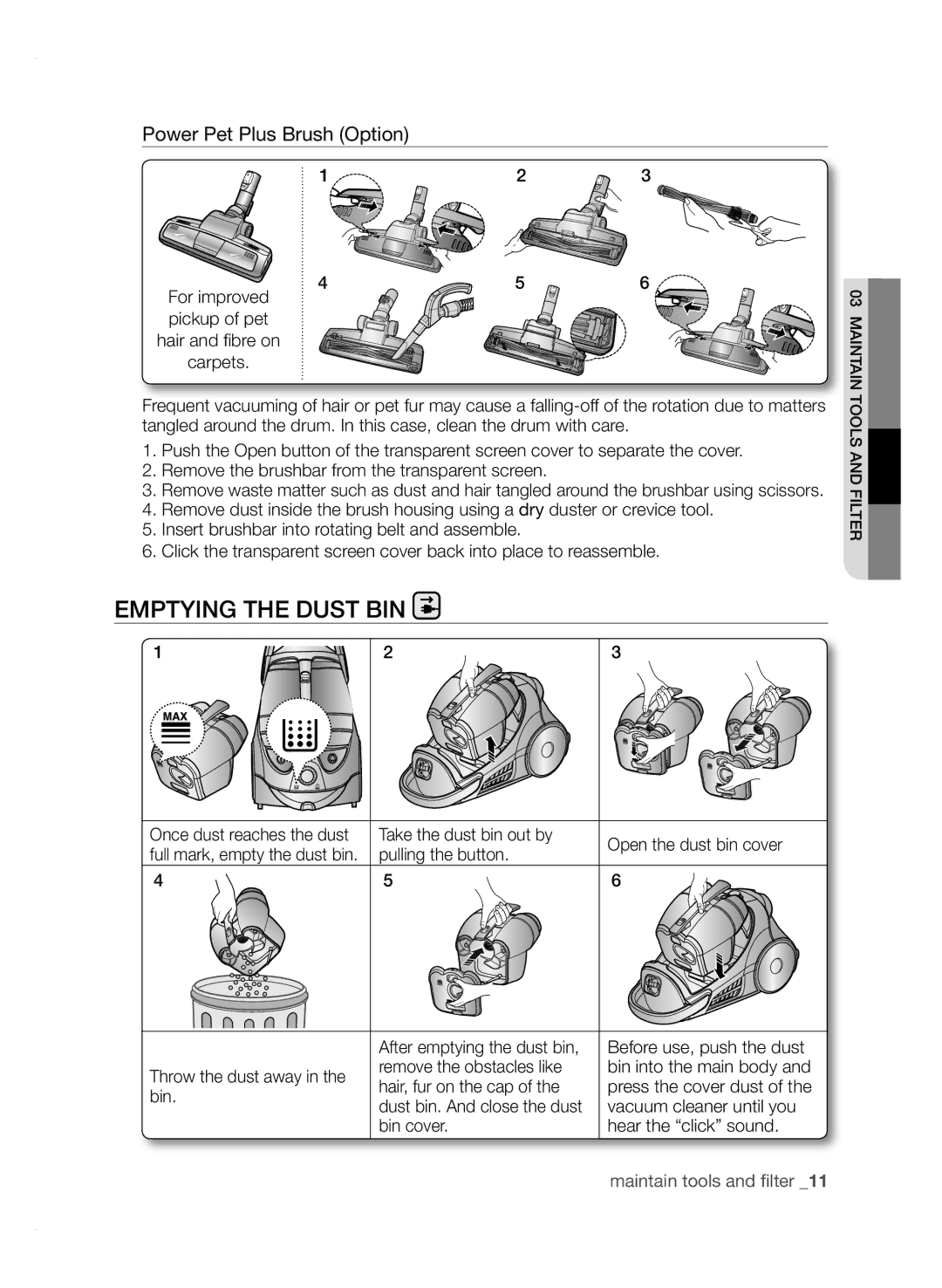 Samsung VCC9671H3V/UMG manual Emptying the dust bin 