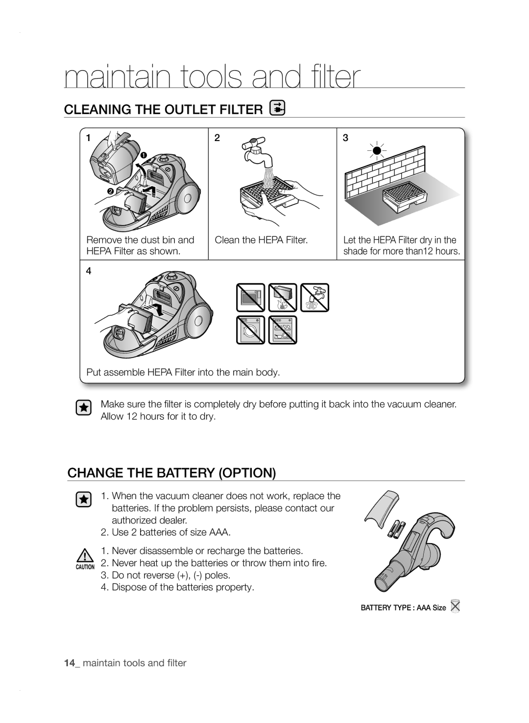 Samsung VCC9671H3V/UMG Cleaning the Outlet Filter, ChANGE ThE bATTERY Option, Remove the dust bin Clean the Hepa Filter 