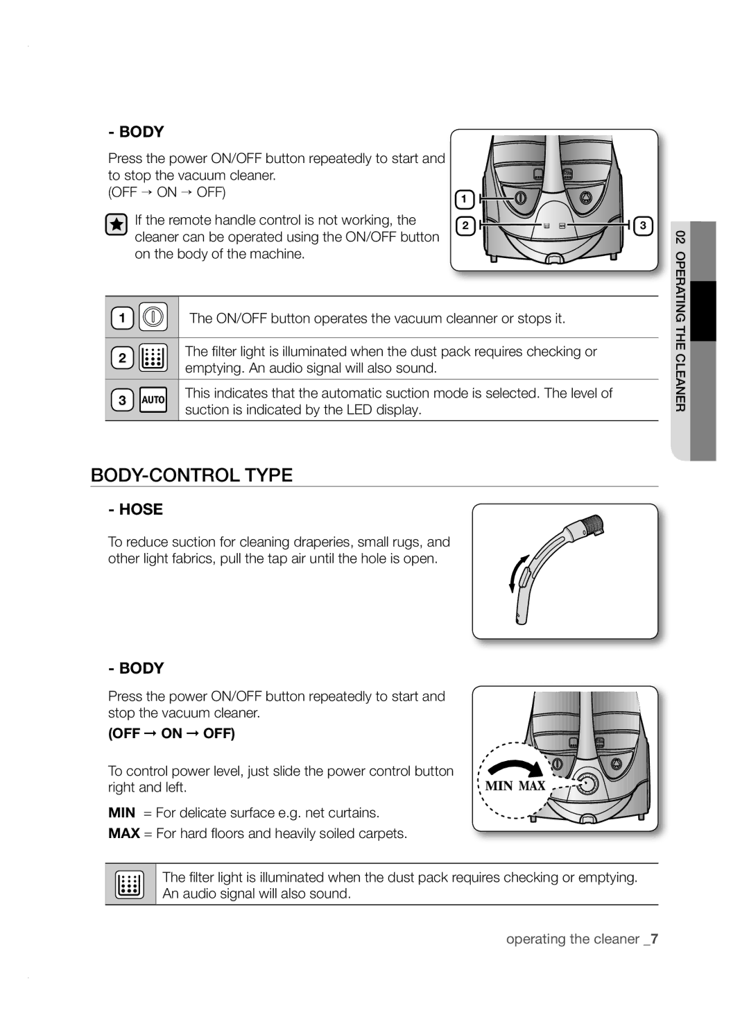 Samsung VCC9671H3V/UMG manual Body-control type, ON/OFF button operates the vacuum cleanner or stops it 