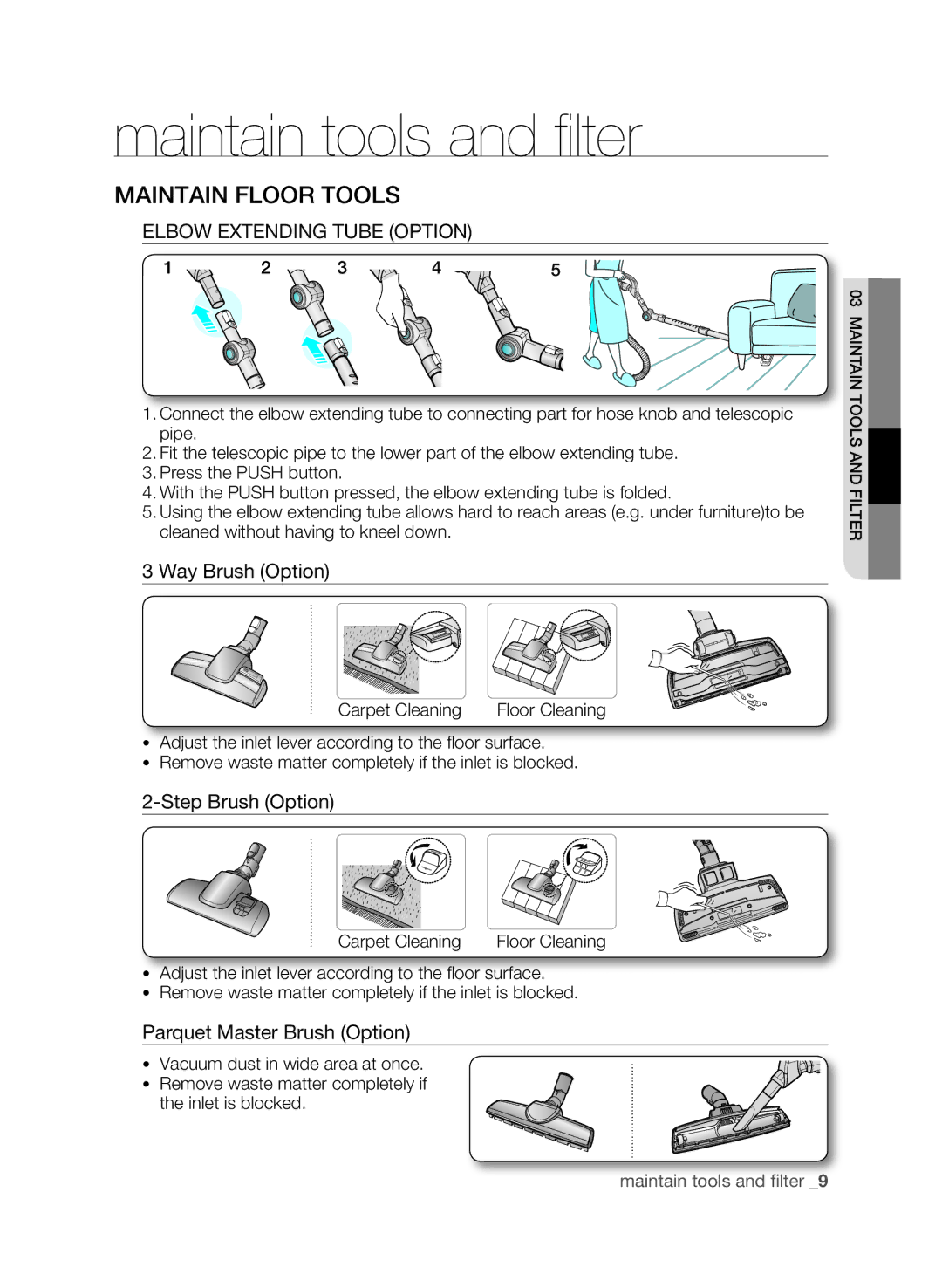 Samsung VCC9671H3V/UMG manual Maintain Floor Tools, Carpet Cleaning 