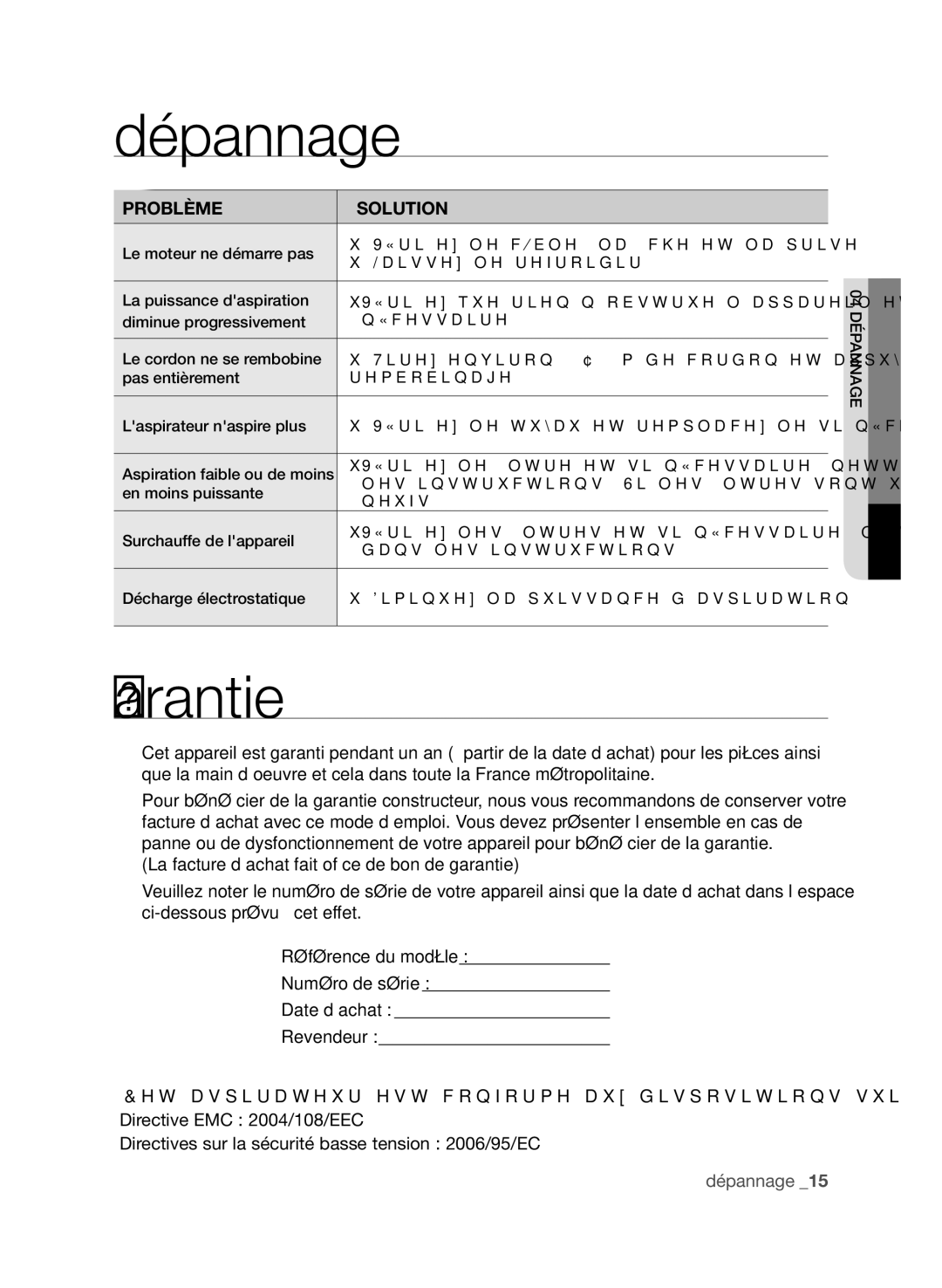 Samsung VCC9630V32/XEF, VCC9672H3V/XEF manual Dépannage, Garantie 