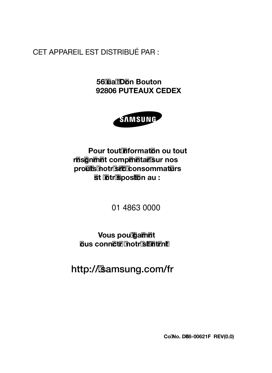 Samsung VCC9672H3V/XEF, VCC9630V32/XEF manual CET Appareil EST Distribué PAR, Code No. DJ68-00621F REV0.0 