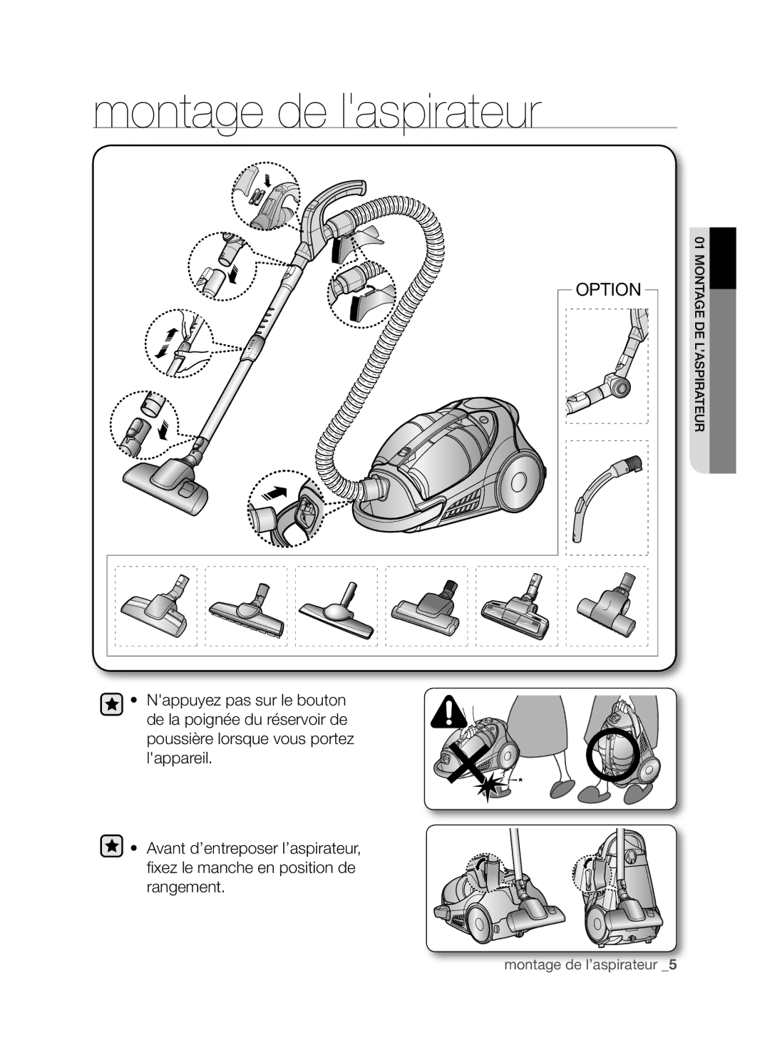 Samsung VCC9630V32/XEF, VCC9672H3V/XEF manual Montage de laspirateur, Option 
