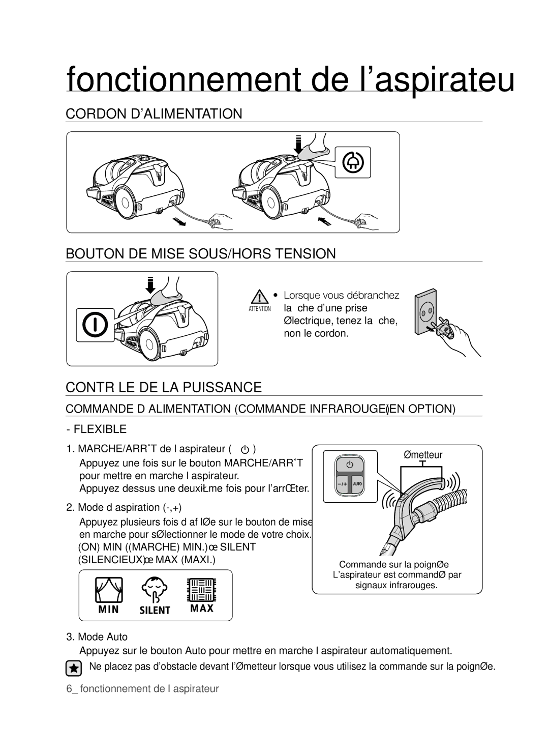 Samsung VCC9672H3V/XEF manual Fonctionnement de laspirateur, Cordon Dalimentation, Bouton de mise sous/hors tension 