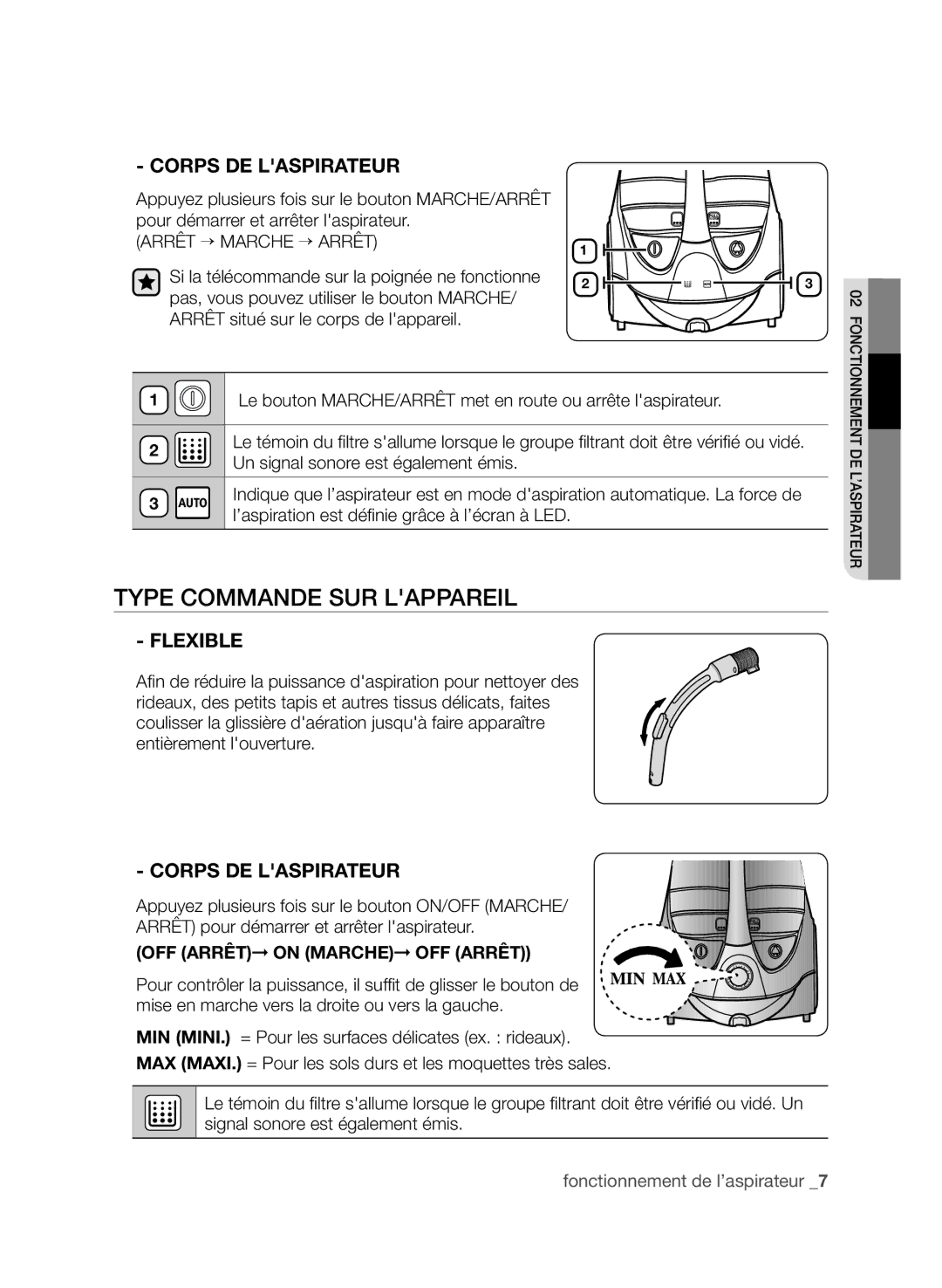 Samsung VCC9630V32/XEF, VCC9672H3V/XEF manual Type commande sur lappareil, Corps DE Laspirateur 