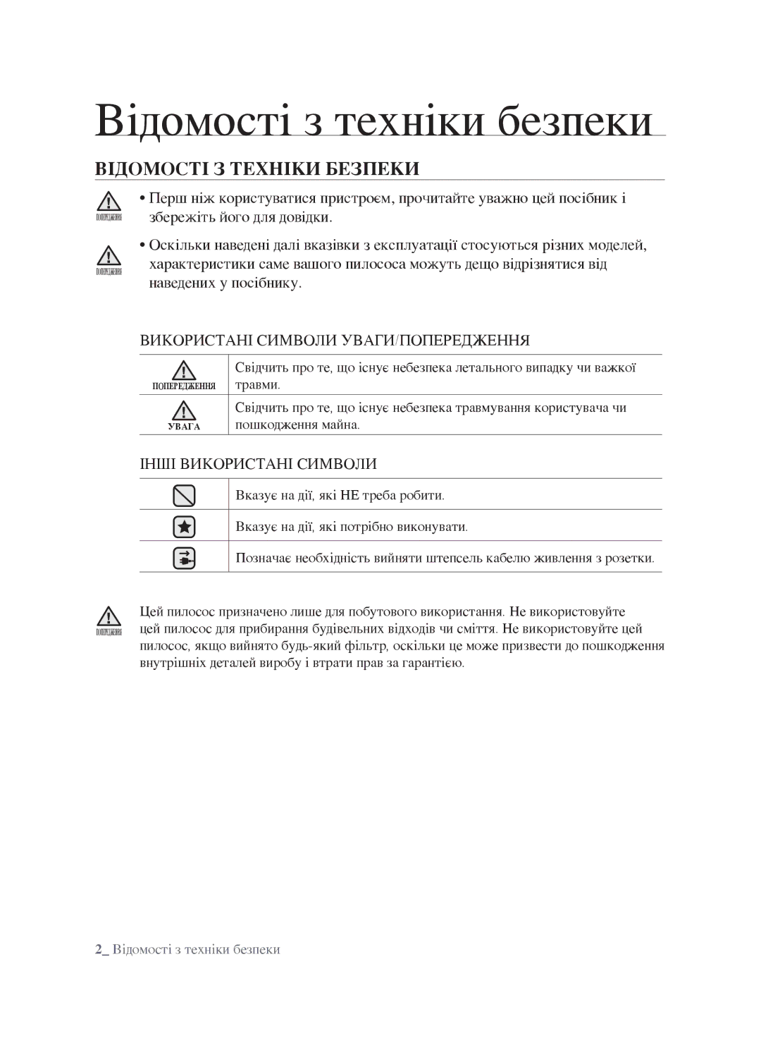 Samsung VCC9674H3G/XSB Відомості з техніки безпеки, Відомості З Техніки Безпеки, Використані Символи УВАГИ/ПОПЕРЕДЖЕННЯ 