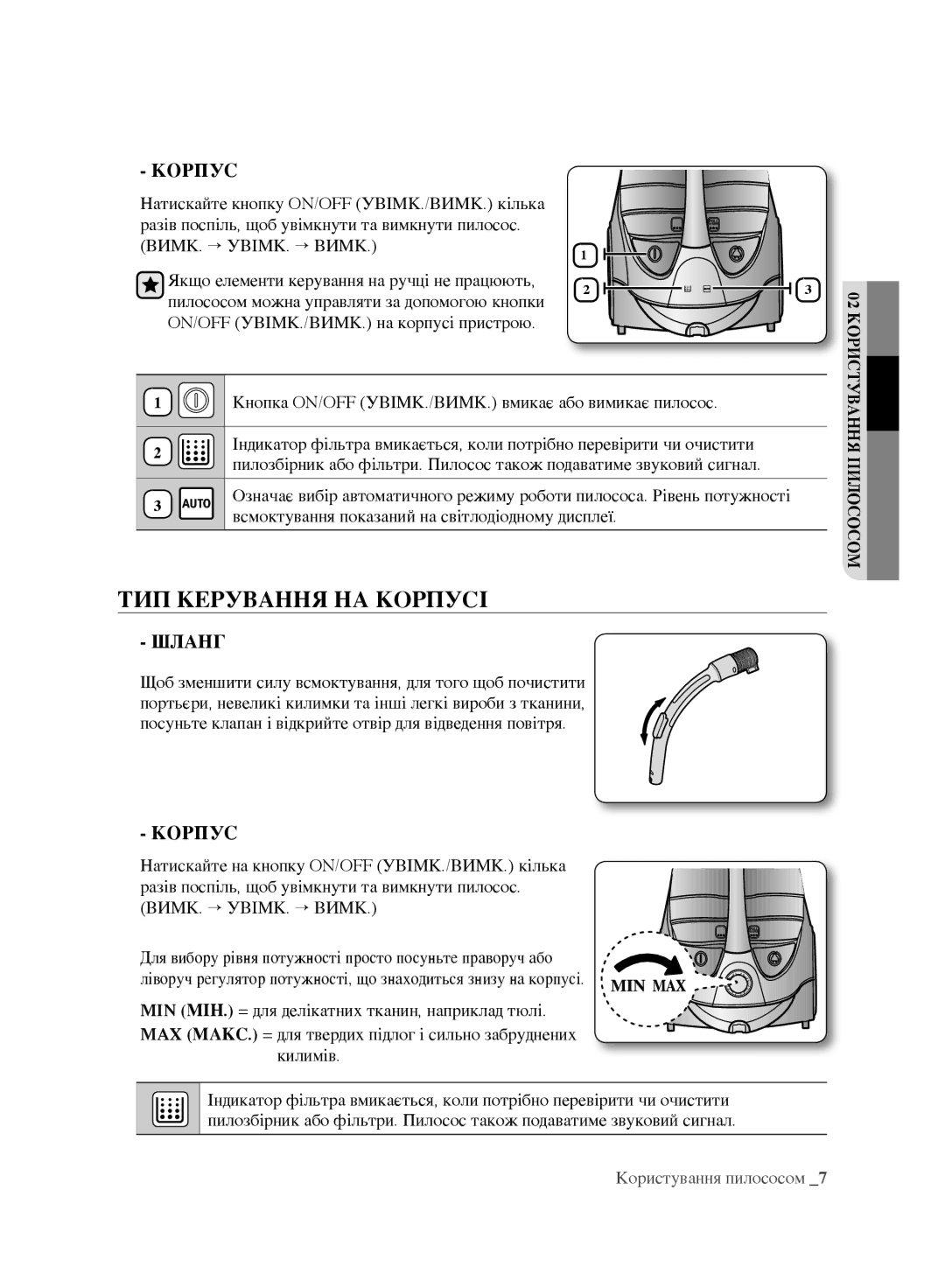 Samsung VCC9635V32/XEV ТИП Керування НА Корпусі, Шланг, Кнопка ON/OFF УВІМК./ВИМК. вмикає або вимикає пилосос, Килимів 