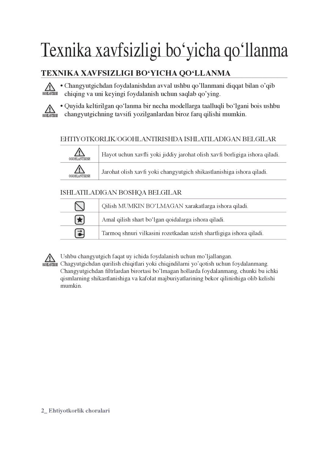 Samsung VCC9635V32/XEV manual Texnika Xavfsizligi BO‘YICHA QO‘LLANMA, EHTIYOTKORLIK/OGOHLANTIRISHDA Ishlatiladigan Belgilar 