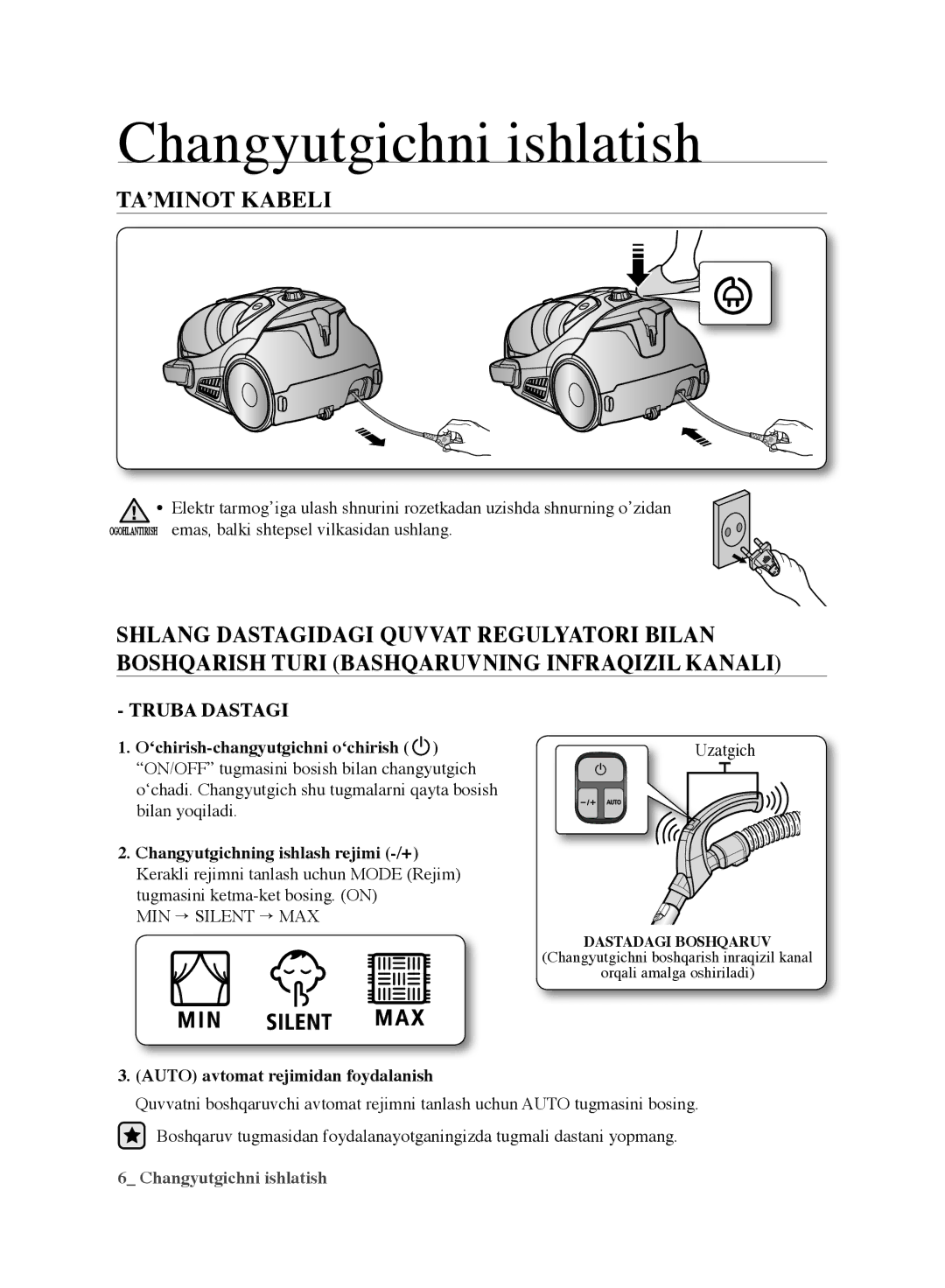 Samsung VCC9674H3G/XSB, VCC9676H3G/XEV manual TA’MINOT Kabeli, Truba Dastagi, Uzatgich, Auto avtomat rejimidan foydalanish 