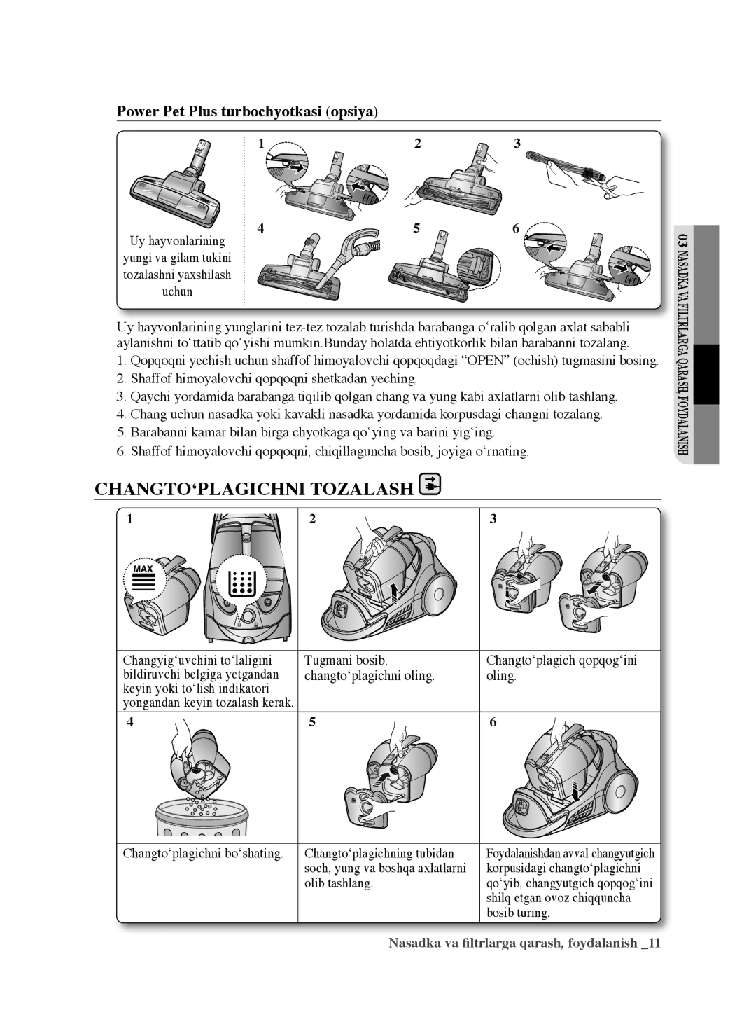 Samsung VCC9635V32/XEV, VCC9674H3G/XSB, VCC9676H3G/XEV CHANGTO‘PLAGICHNI Tozalash, Power Pet Plus turbochyotkasi opsiya 