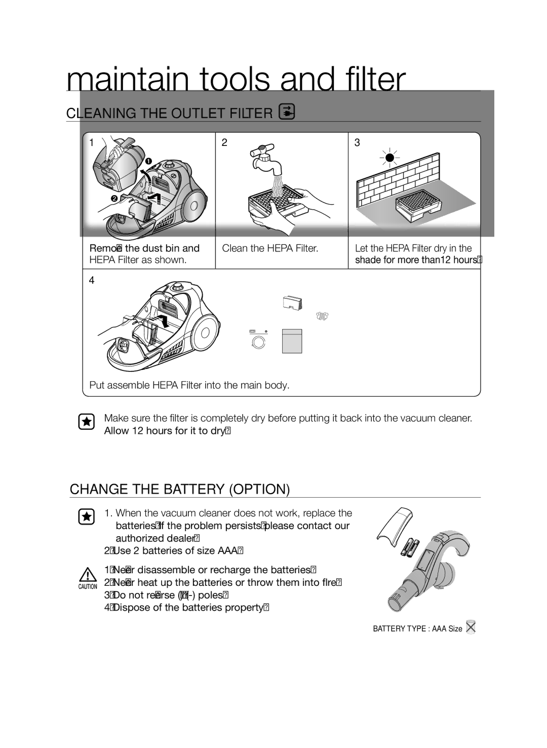 Samsung VCC9674H3G/XSB Cleaning the Outlet Filter, ChANGE ThE bATTERY Option, Remove the dust bin Clean the Hepa Filter 