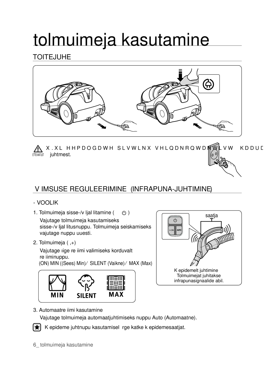 Samsung VCC9674H3G/XSB manual Tolmuimeja kasutamine, Toitejuhe, Võimsuse reguleerimine infrapuna-juhtimine, Voolik 