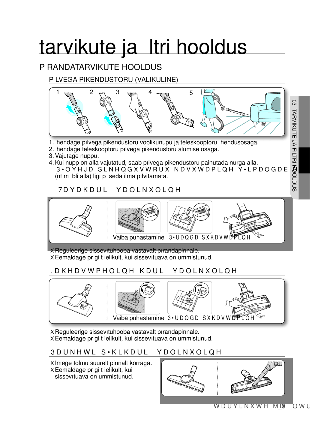 Samsung VCC9674H3G/XSB manual Põrandatarvikute Hooldus, Põlvega pikendustoru valikuline, Tavahari valikuline 