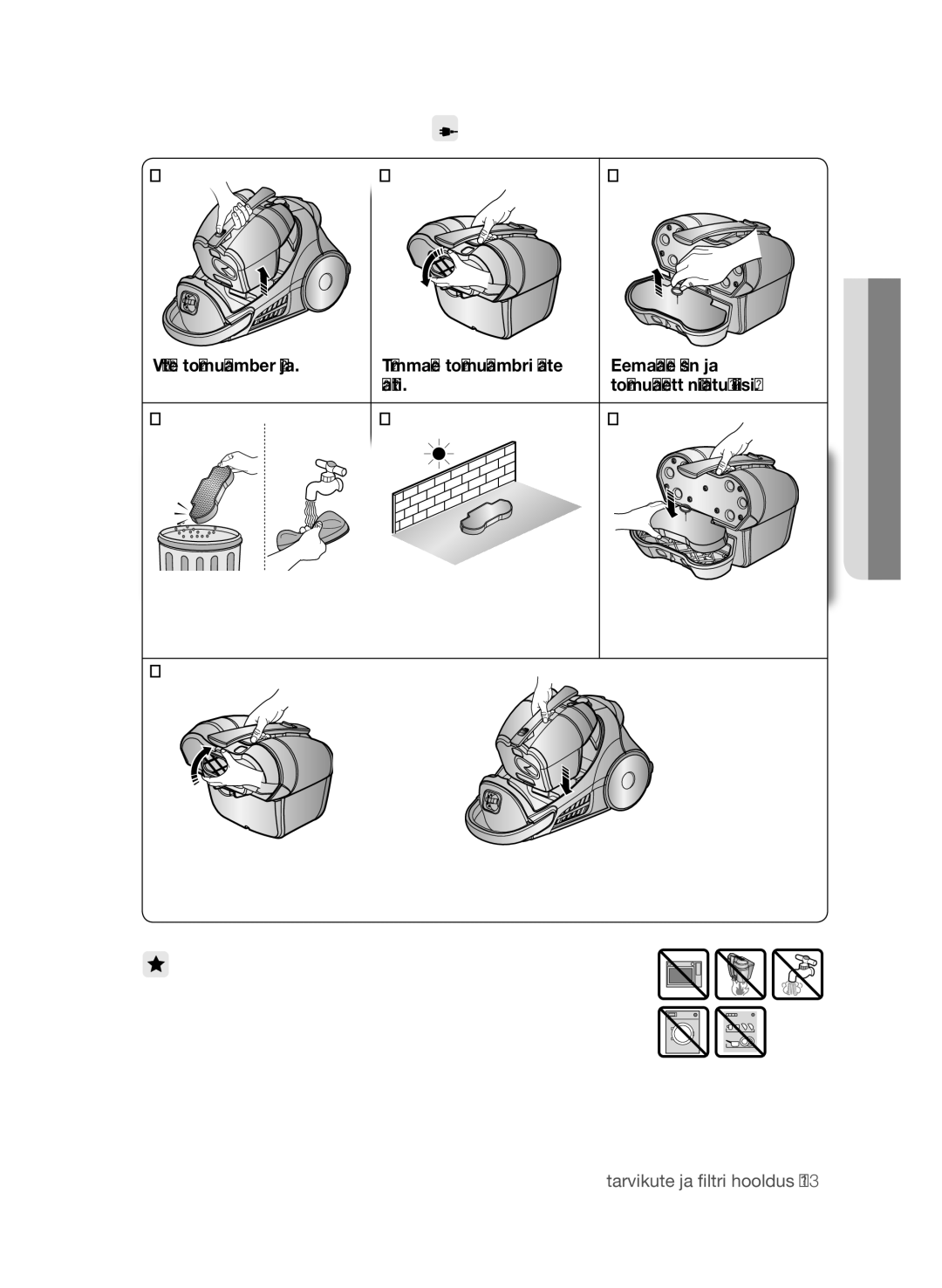 Samsung VCC9674H3G/XSB manual Tolmupaketi Puhastamine, Eemaldage käsn ja, Lahti Tolmupakett näidatud viisil 