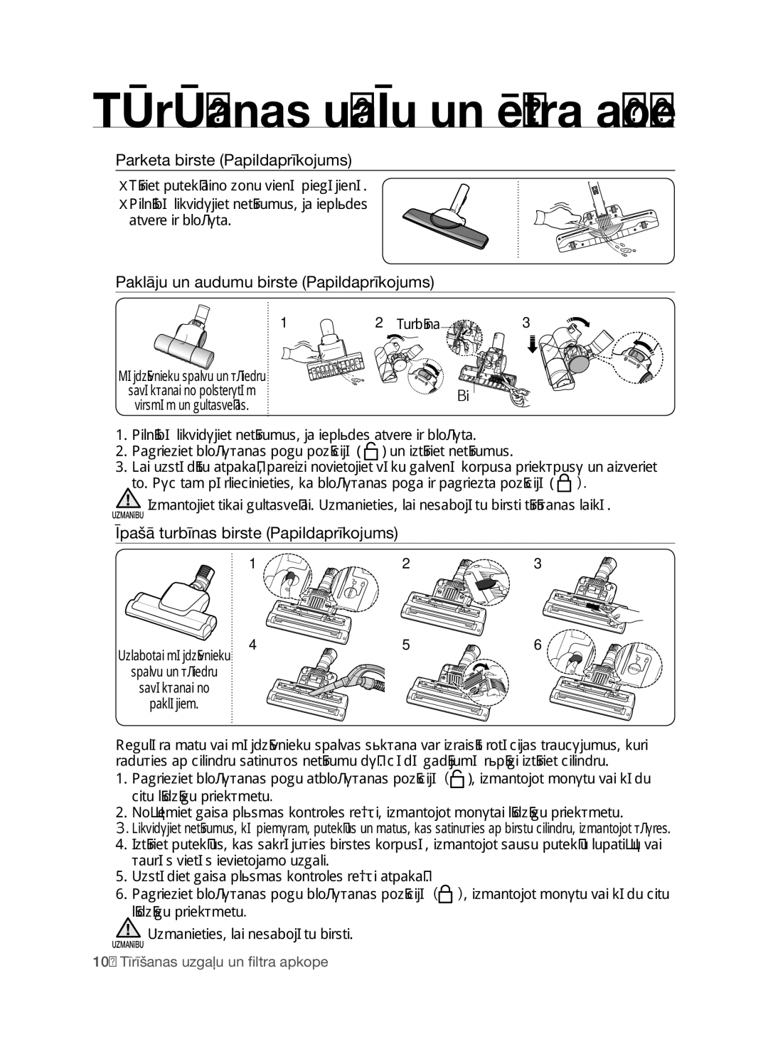 Samsung VCC9674H3G/XSB manual Parketa birste Papildaprīkojums, Paklāju un audumu birste Papildaprīkojums, Turbīna 