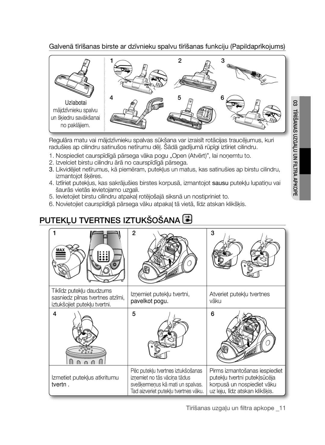 Samsung VCC9674H3G/XSB manual Putekļu tvertnes iztukšošana 