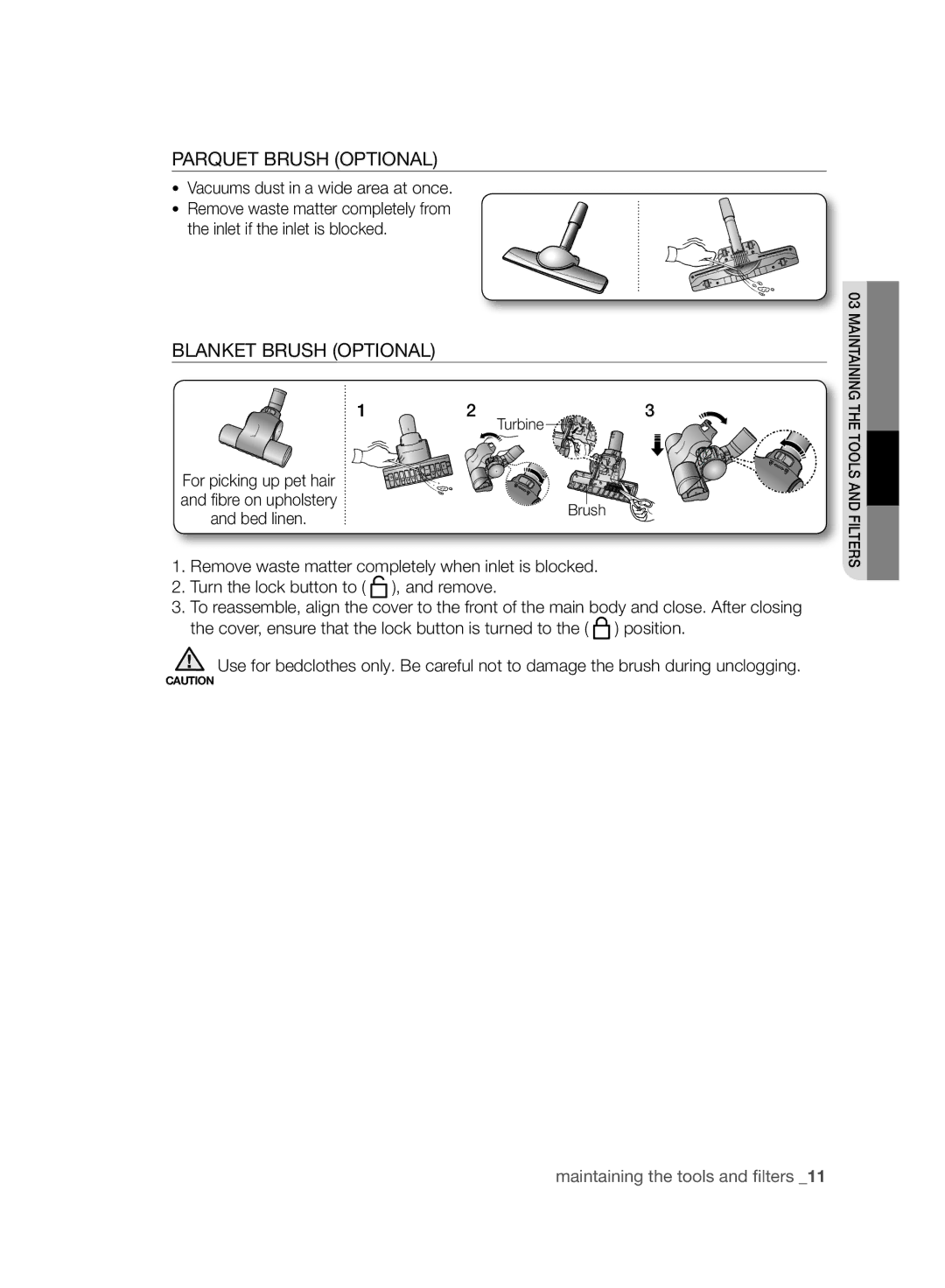 Samsung VCC96P0H1G user manual Parquet Brush Optional, Blanket Brush Optional, Vacuums dust in a wide area at once 