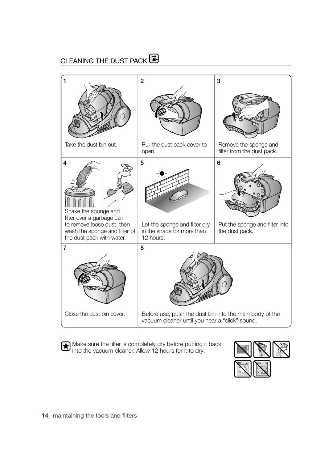 Samsung VCC96P0H1G user manual Cleaning the Dust Pack, Open, Shake the sponge Filter over a garbage can 