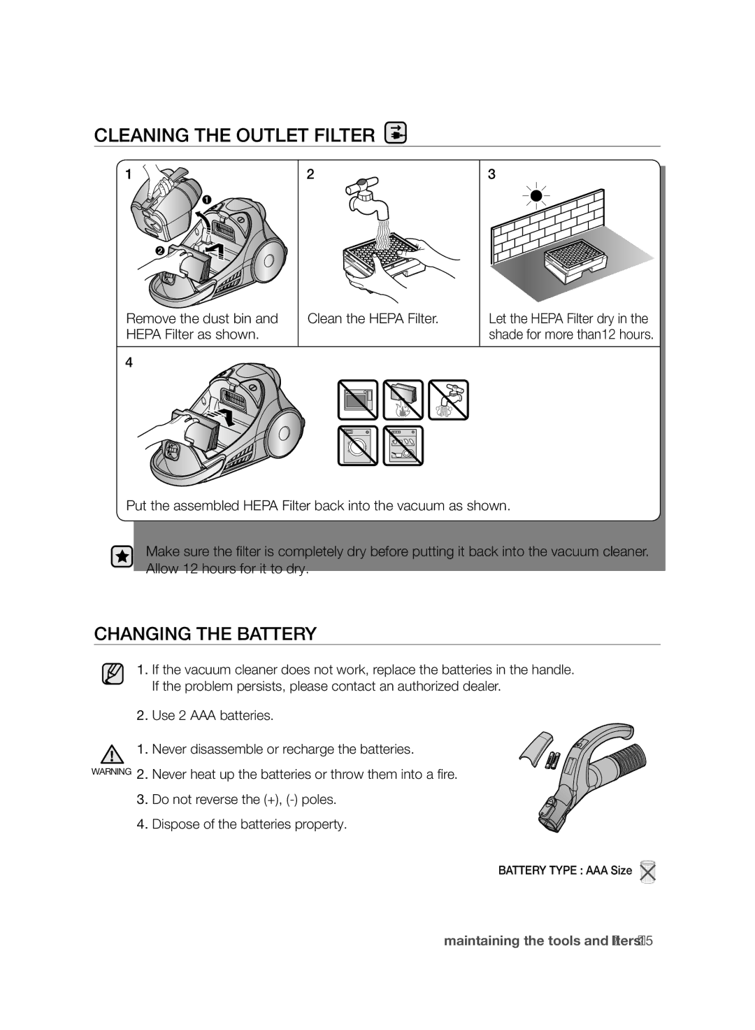 Samsung VCC96P0H1G user manual Cleaning the Outlet Filter, Changing the Battery 