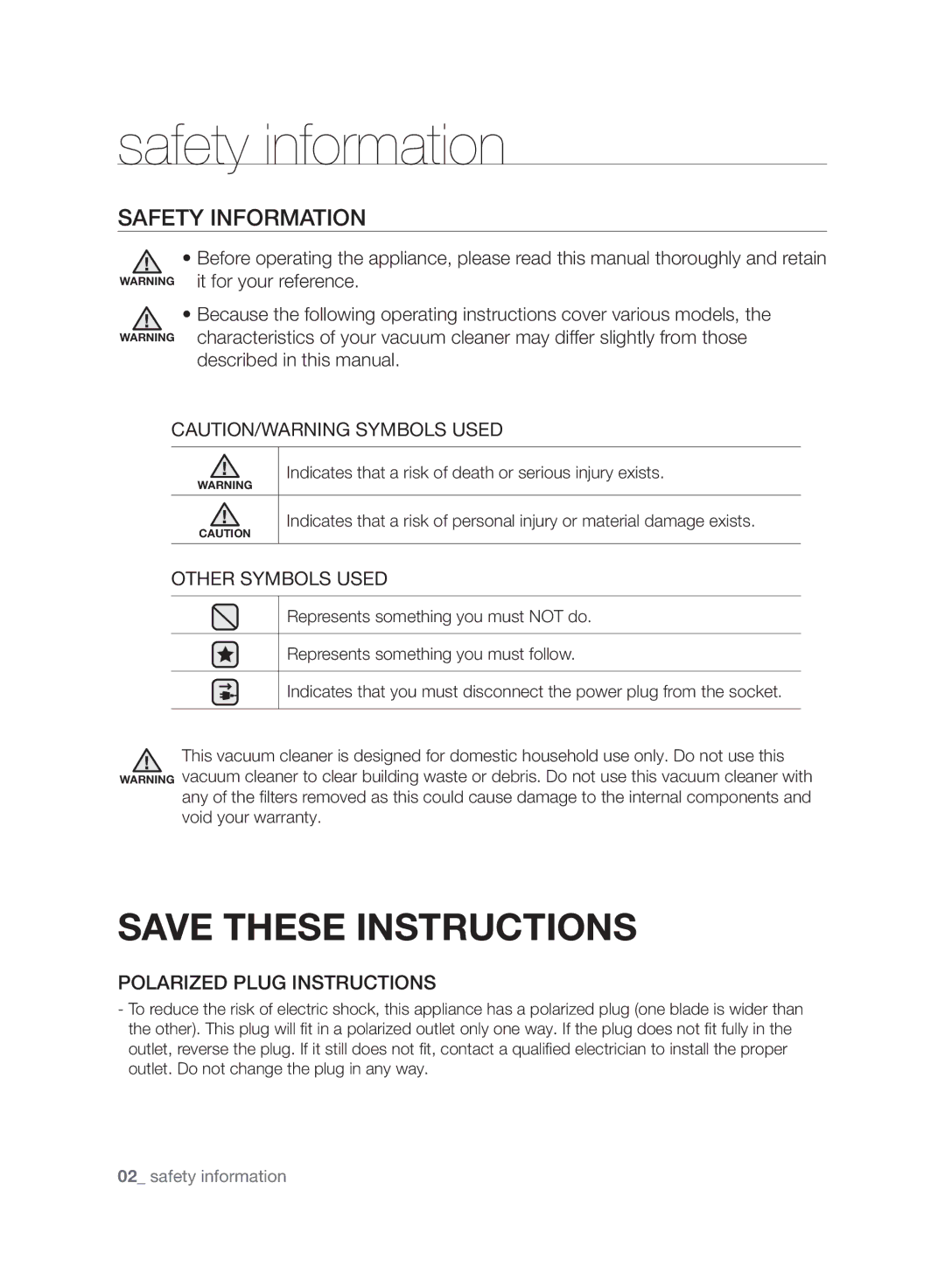 Samsung VCC96P0H1G user manual Safety information, Safety Information, Other Symbols Used, Polarized Plug Instructions 