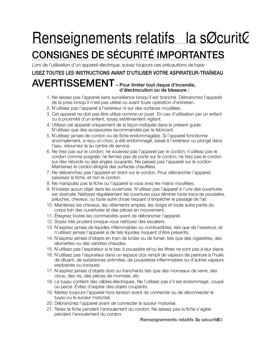 Samsung VCC96P0H1G user manual Consignes DE Sécurité Importantes 