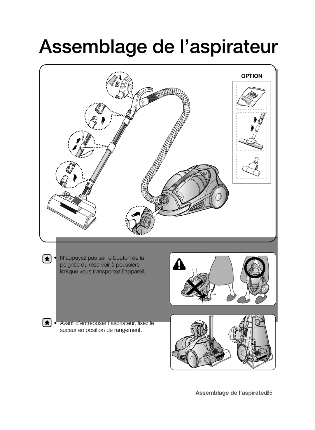 Samsung VCC96P0H1G user manual Assemblage de l’aspirateur, Option 