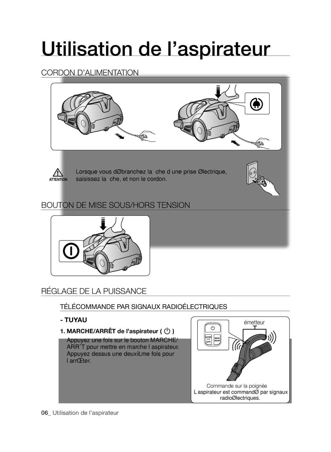 Samsung VCC96P0H1G Utilisation de l’aspirateur, Cordon D’ALIMENTATION, Télécommande PAR Signaux Radioélectriques, Tuyau 