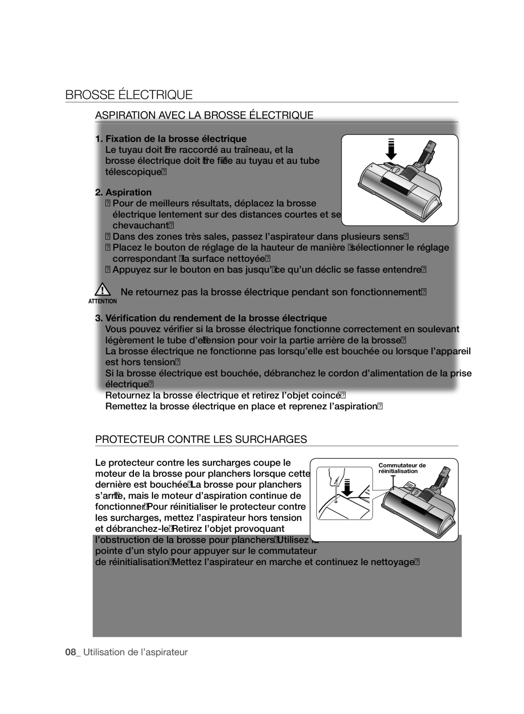 Samsung VCC96P0H1G user manual Aspiration Avec LA Brosse Électrique, Protecteur Contre LES Surcharges 