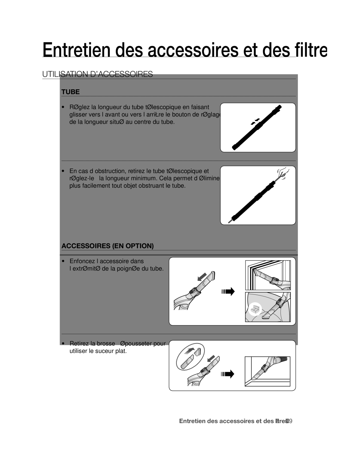 Samsung VCC96P0H1G user manual Utilisation D’ACCESSOIRES, Tube, Accessoires EN Option 