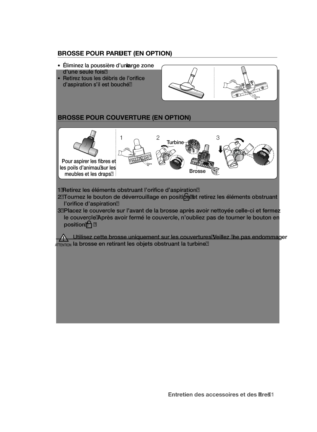 Samsung VCC96P0H1G user manual Brosse Pour Parquet EN Option, Brosse Pour Couverture EN Option 